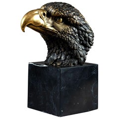 Bronze Metal Sculpture of an American Great Crested Bald Eagle on a Marble Base