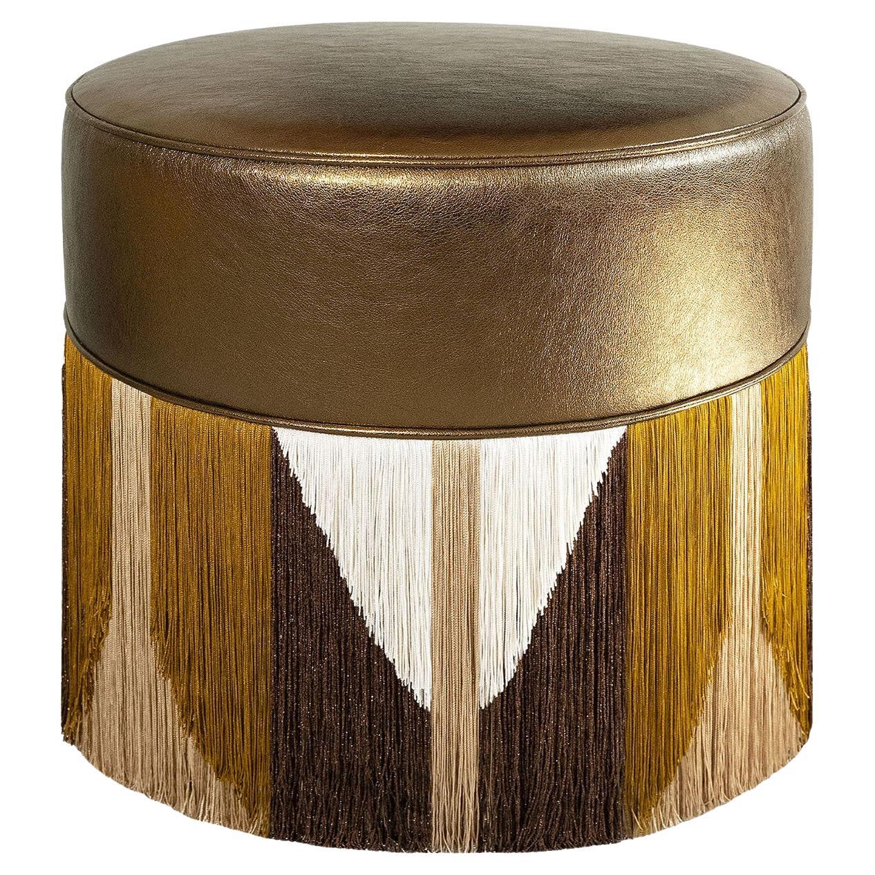 Pouf con frange in pelle metallizzata bronzo di Lorenza Bozzoli Couture in vendita