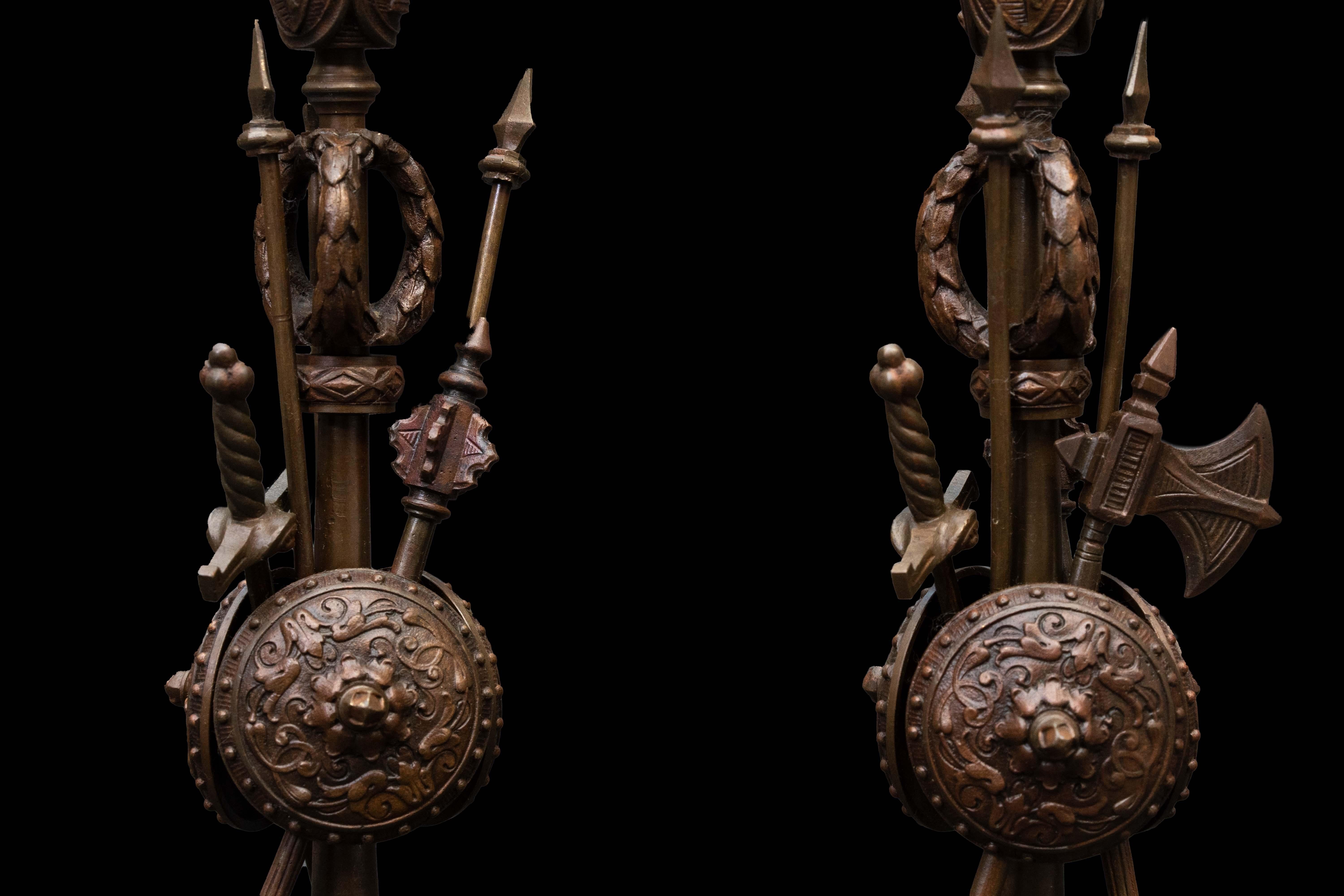 19th Century Pair of Bronze Military Candle Sticks