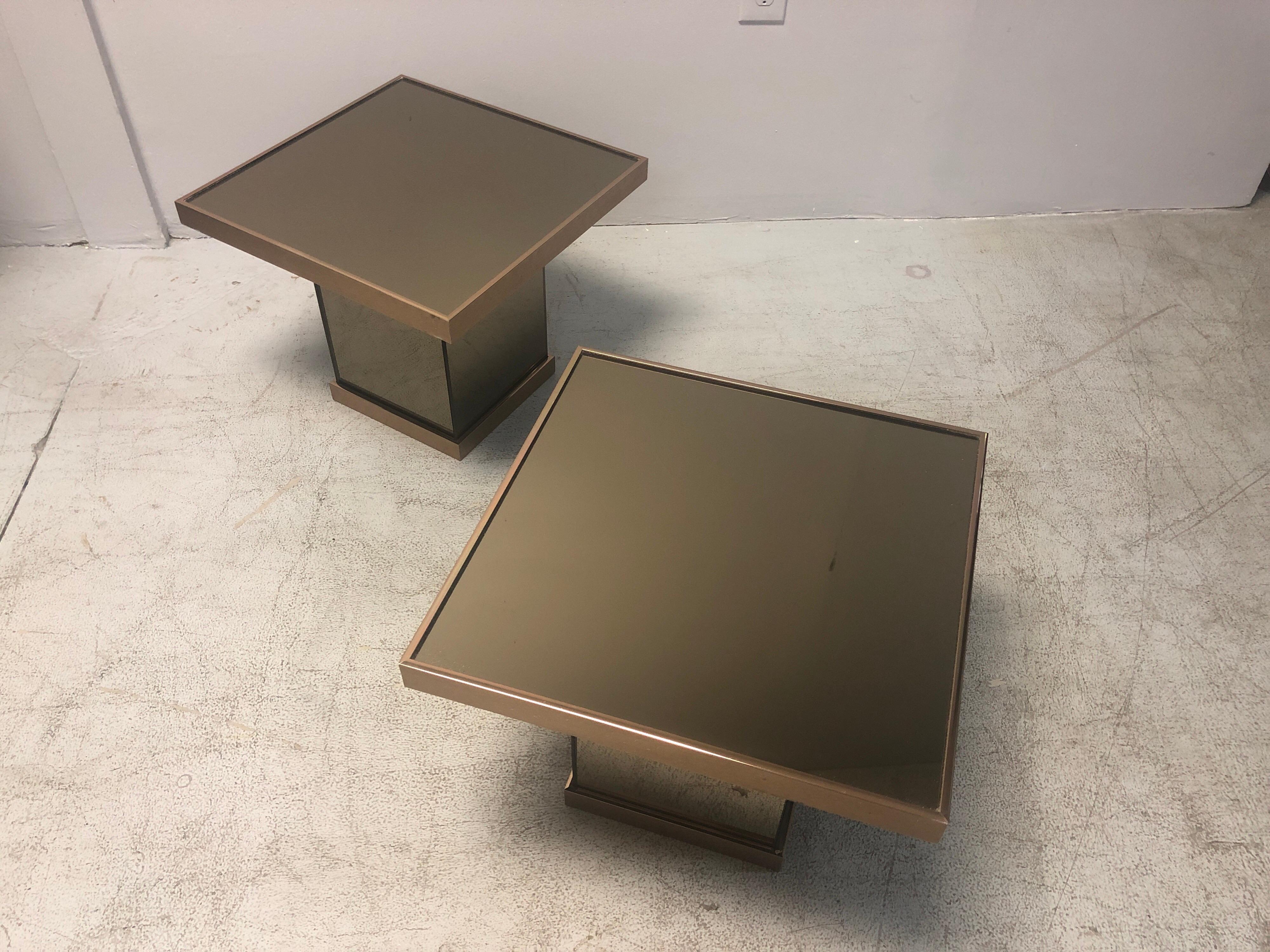Bronze Mirror Modernist Pair of Side Tables, 1970s In Good Condition In Miami, FL