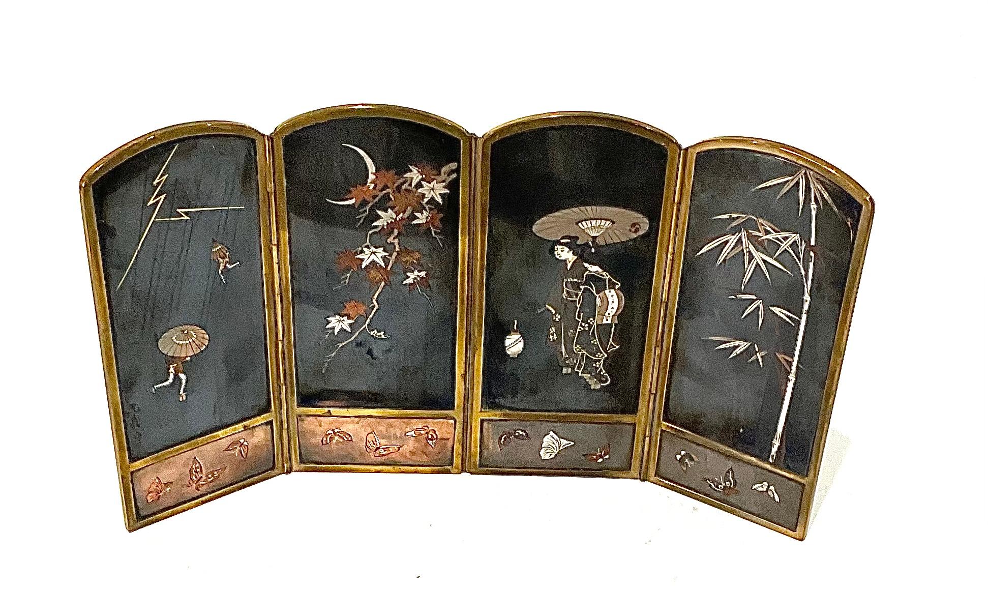 Bronze Mixed Metal Japanese Meiji Era Four Panel 2 Sided Table Screen Signed In Good Condition In Ann Arbor, MI