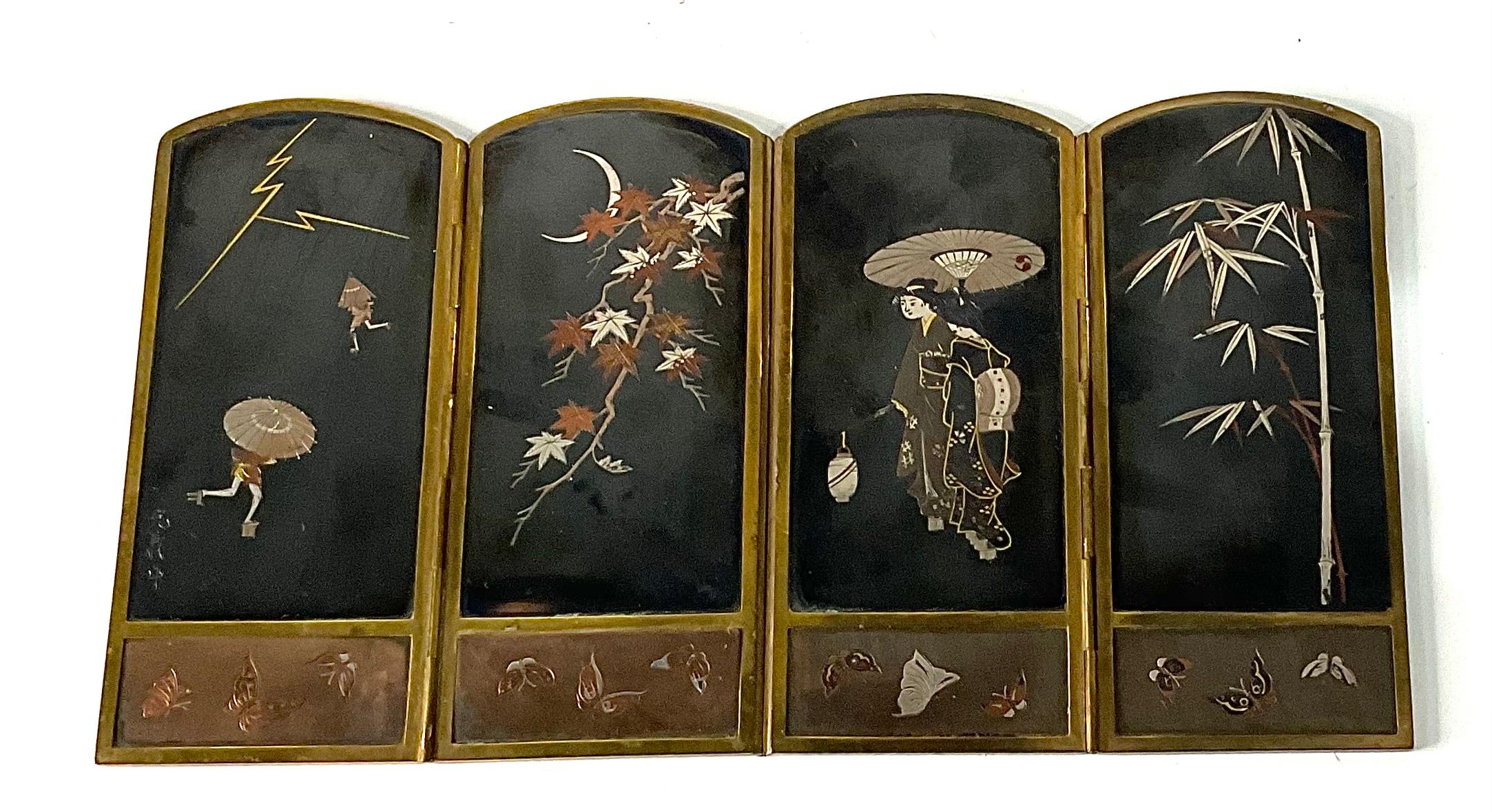Bronze Mixed Metal Japanese Meiji Era Four Panel 2 Sided Table Screen Signed 1