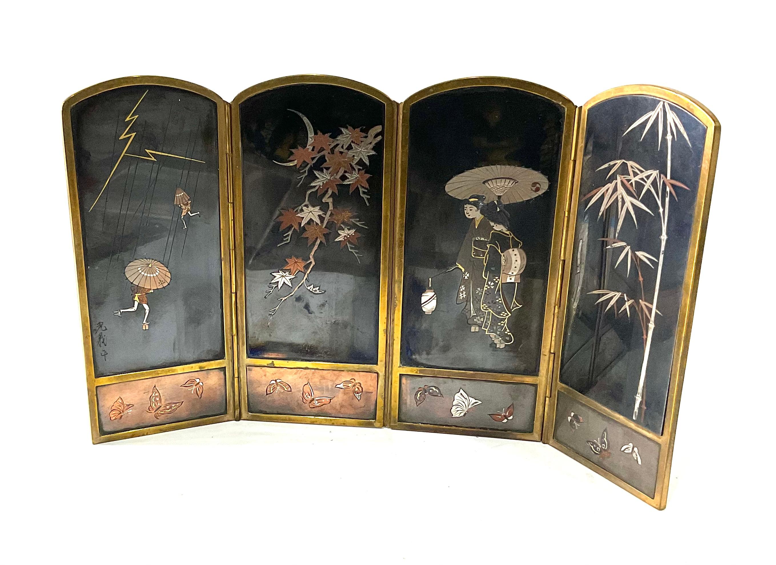 Bronze Mixed Metal Japanese Meiji Era Four Panel 2 Sided Table Screen Signed 2