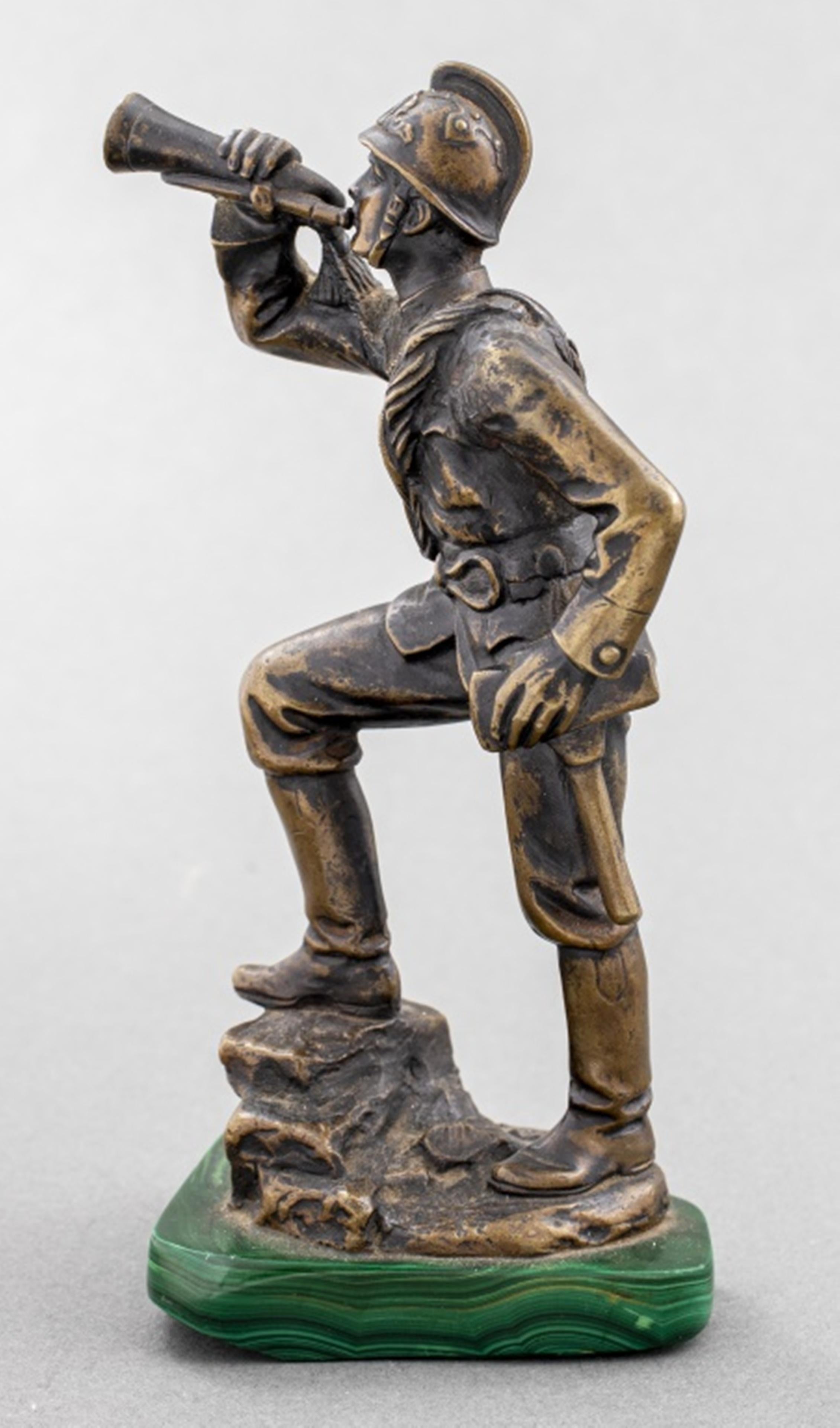 Rustic Bronze Model of a Soldier W Horn on Malachite Base For Sale