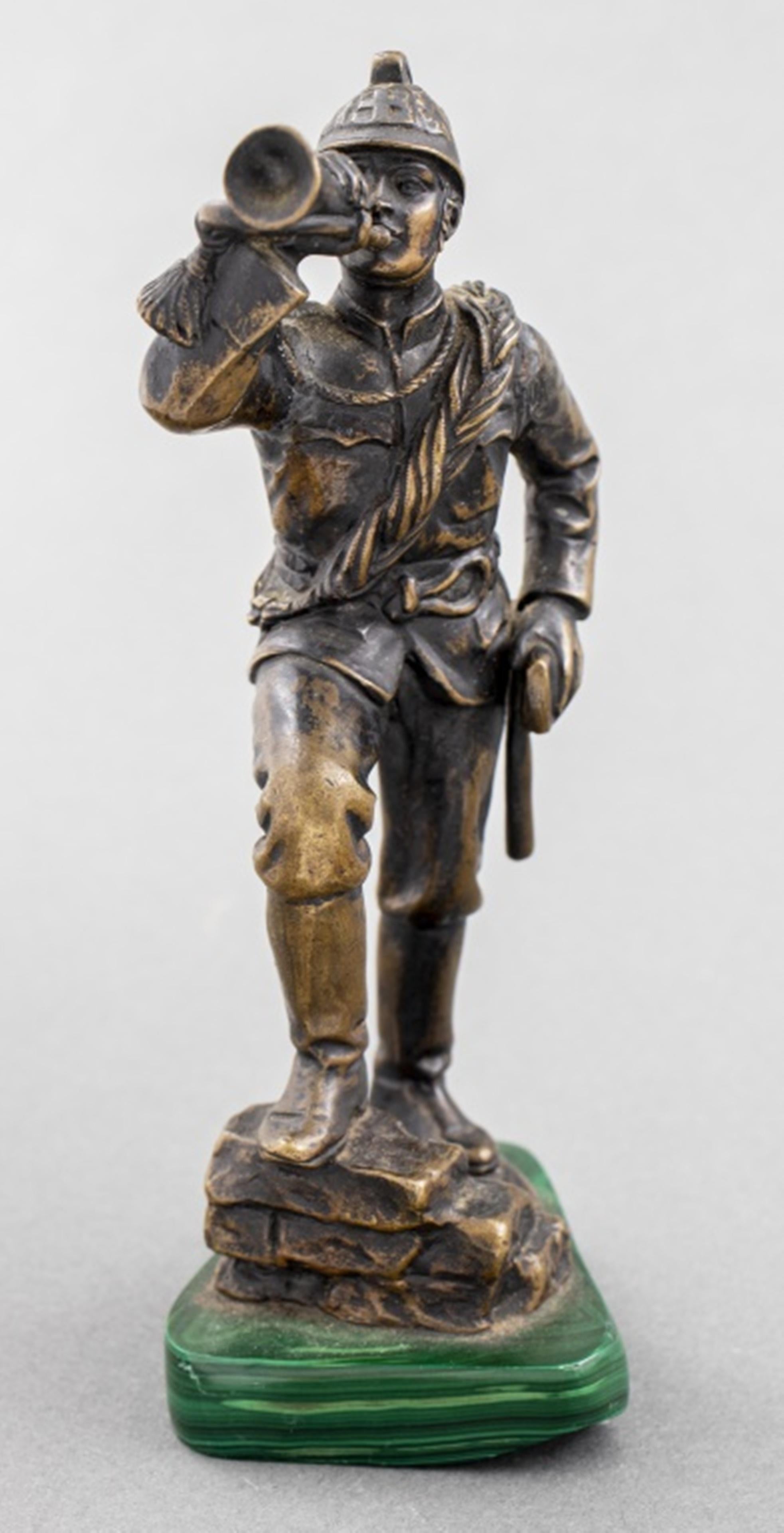 Bronze Model of a Soldier W Horn on Malachite Base In Good Condition For Sale In New York, NY