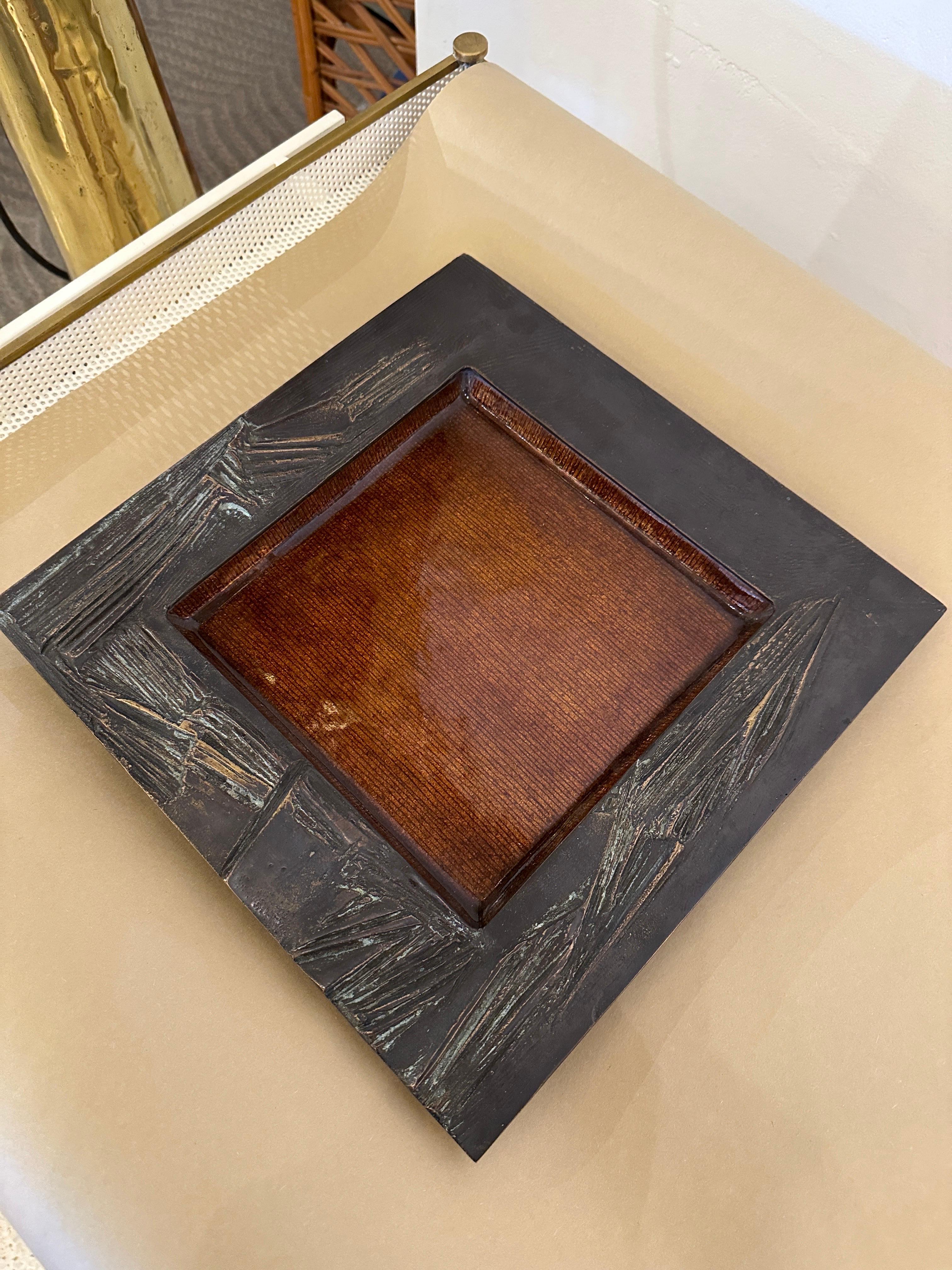 Bronze Modernist Large Square Bowl Sculpture, Signed Del Campo - Italy For Sale 4