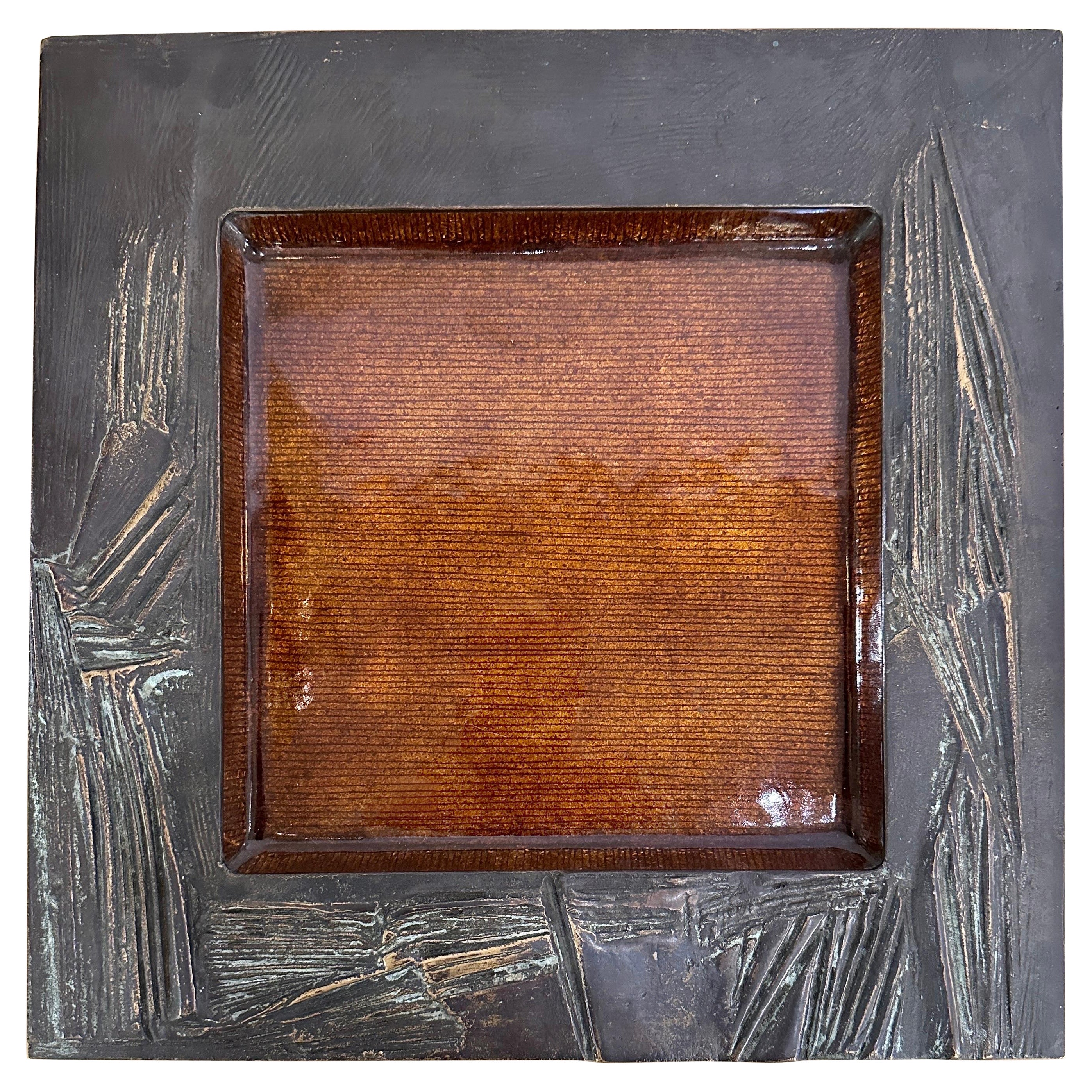 Bronze Modernist Large Square Bowl Sculpture, Signed Del Campo - Italy For Sale