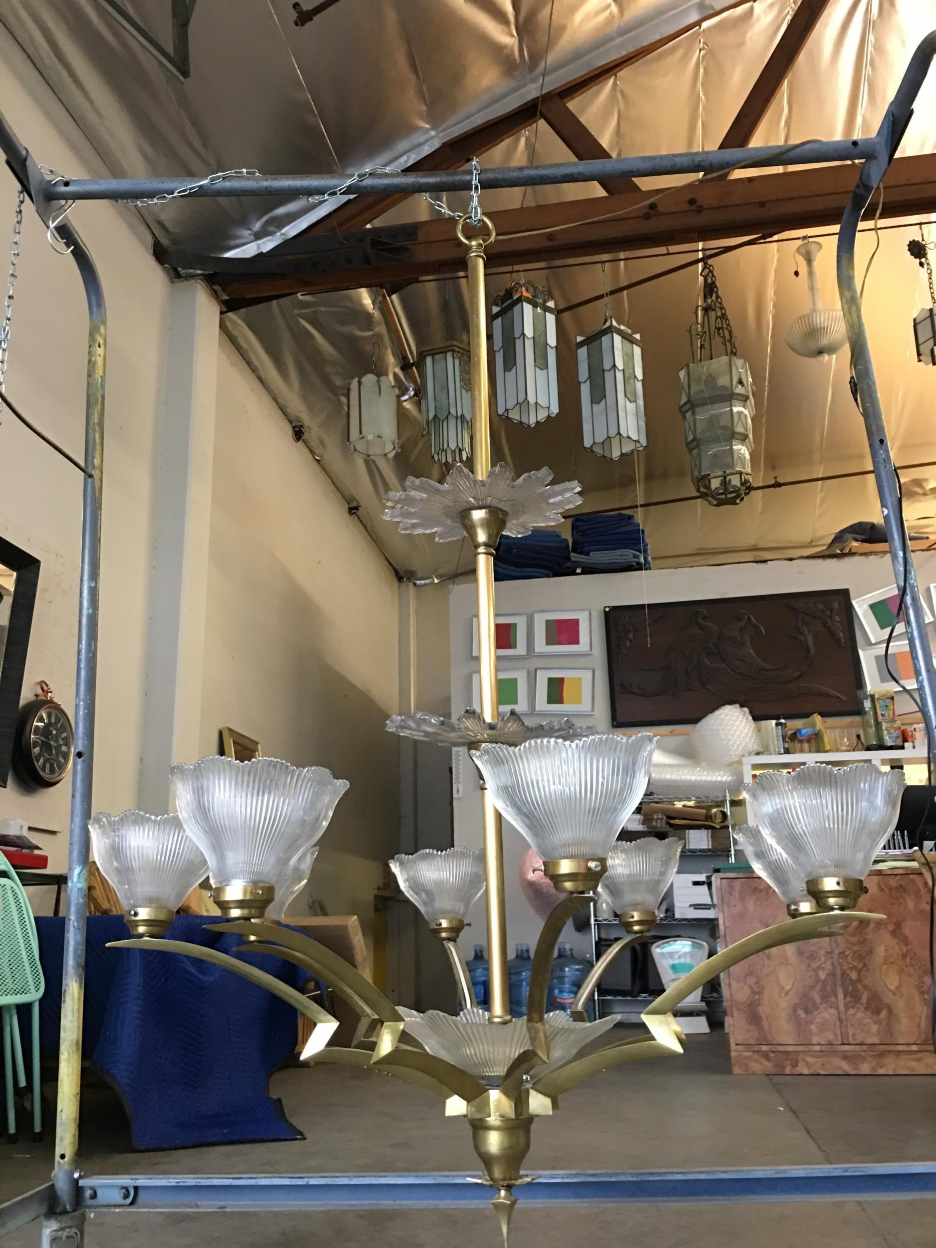 American Bronze Modernist Lighting Bolt Chandelier with Holophane Glass Fixtures For Sale