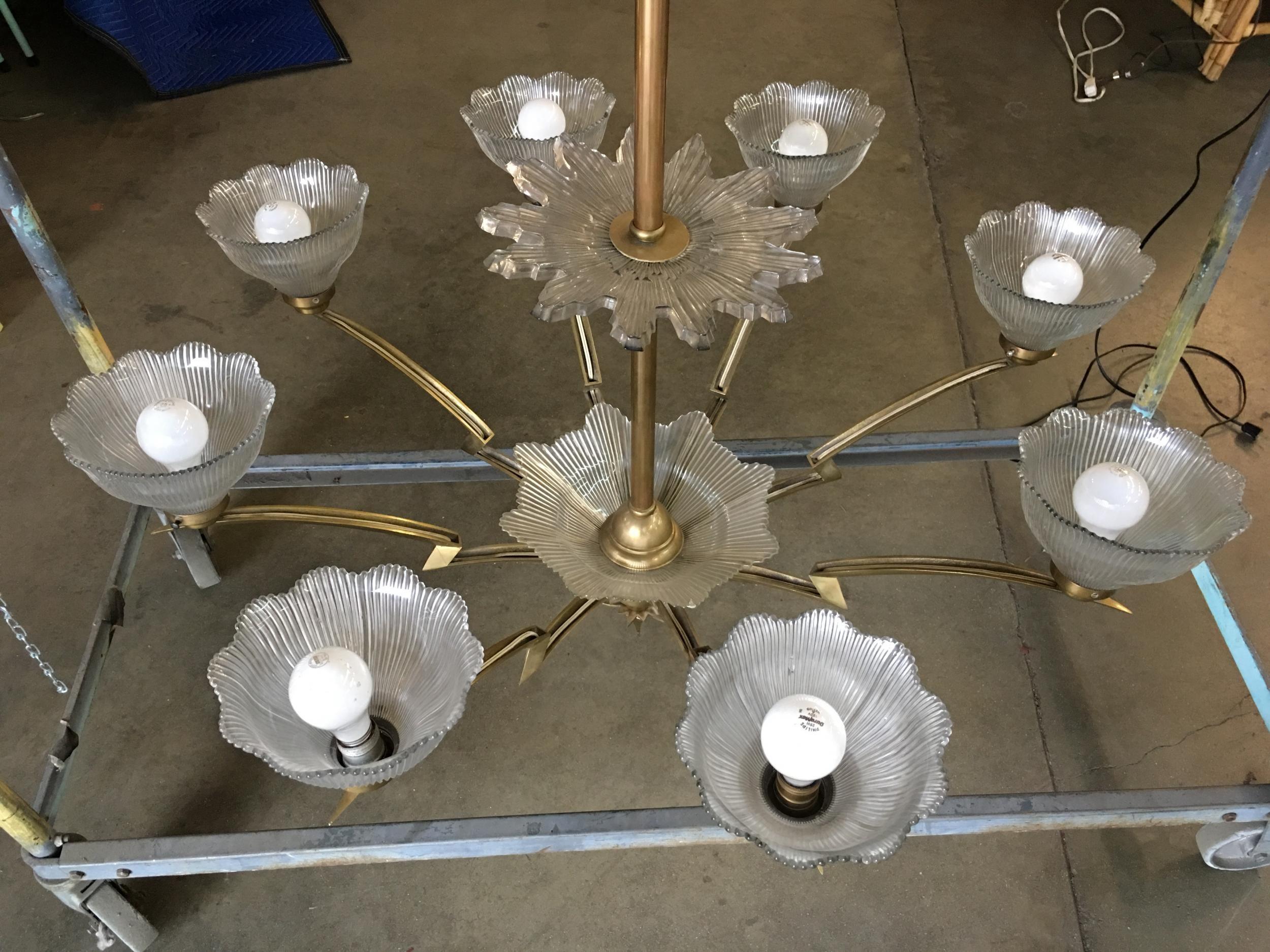Bronze Modernist Lighting Bolt Chandelier with Holophane Glass Fixtures In Excellent Condition For Sale In Van Nuys, CA