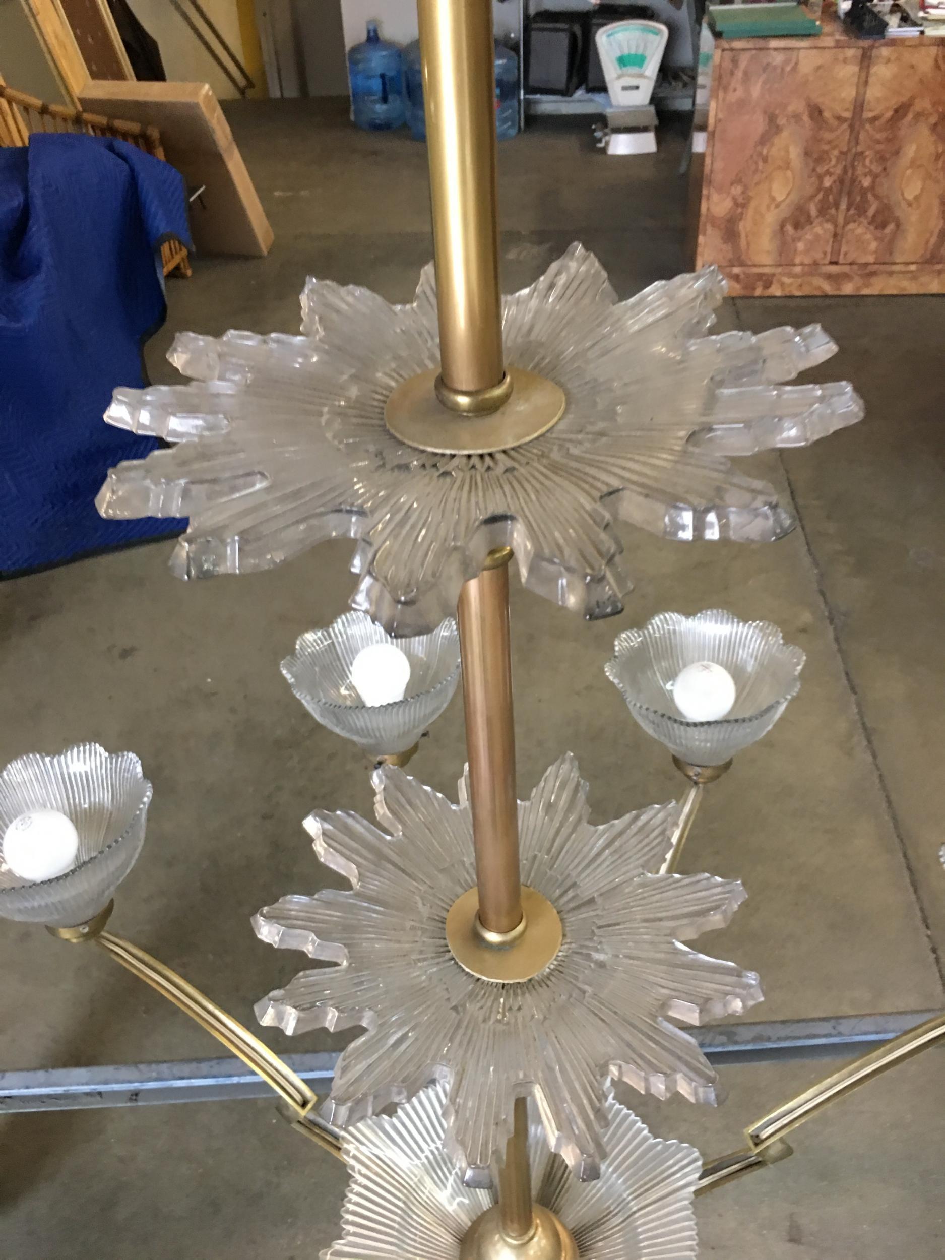 Late 20th Century Bronze Modernist Lighting Bolt Chandelier with Holophane Glass Fixtures For Sale