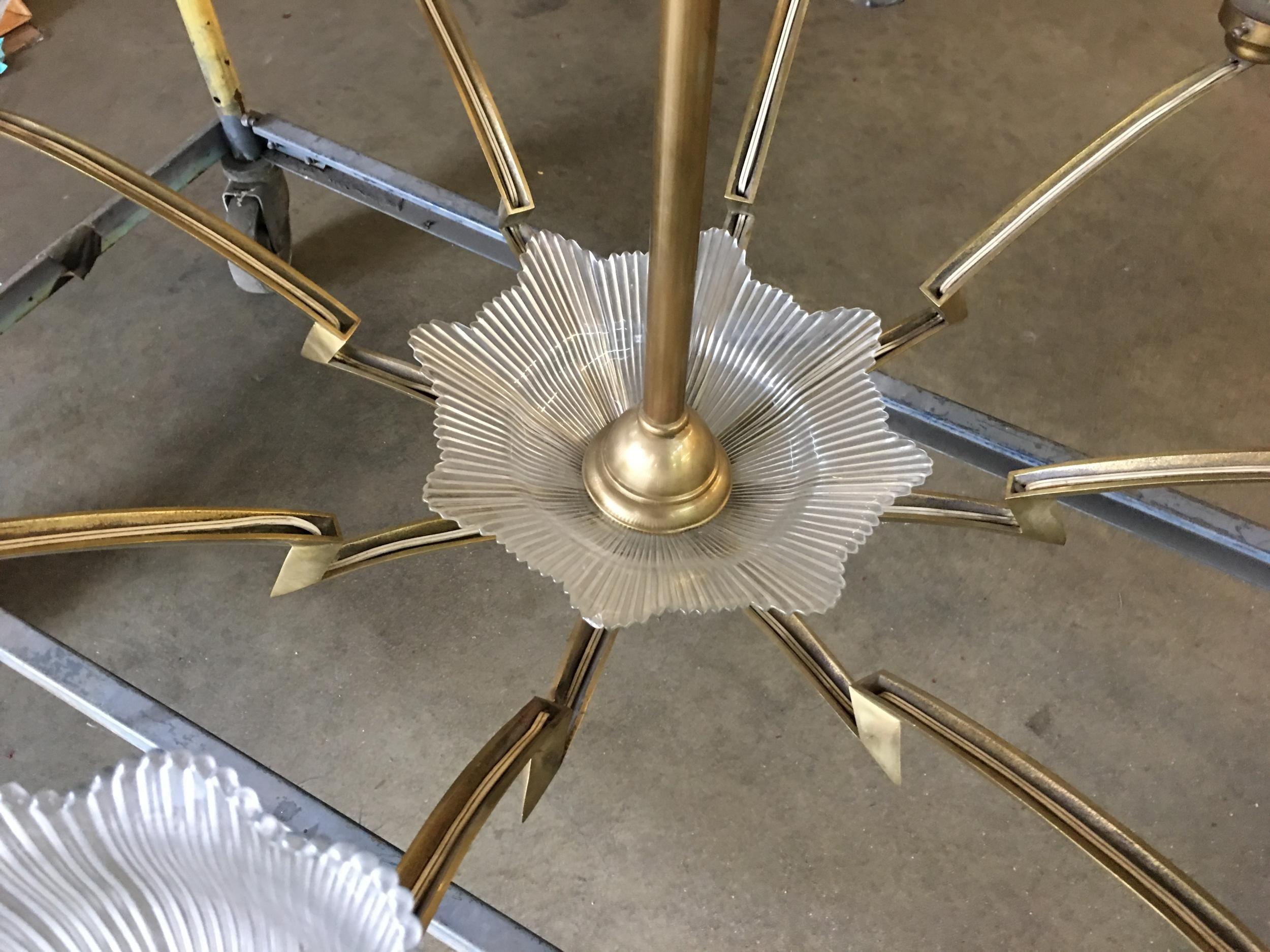 Bronze Modernist Lighting Bolt Chandelier with Holophane Glass Fixtures For Sale 3