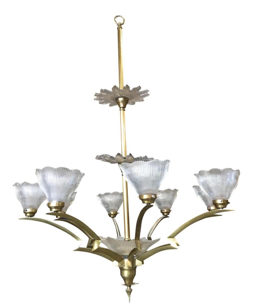 Bronze Modernist Lighting Bolt Chandelier with Holophane Glass Fixtures For Sale 5