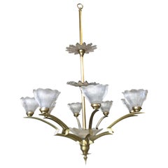 Bronze Modernist Lighting Bolt Chandelier with Holophane Glass Fixtures