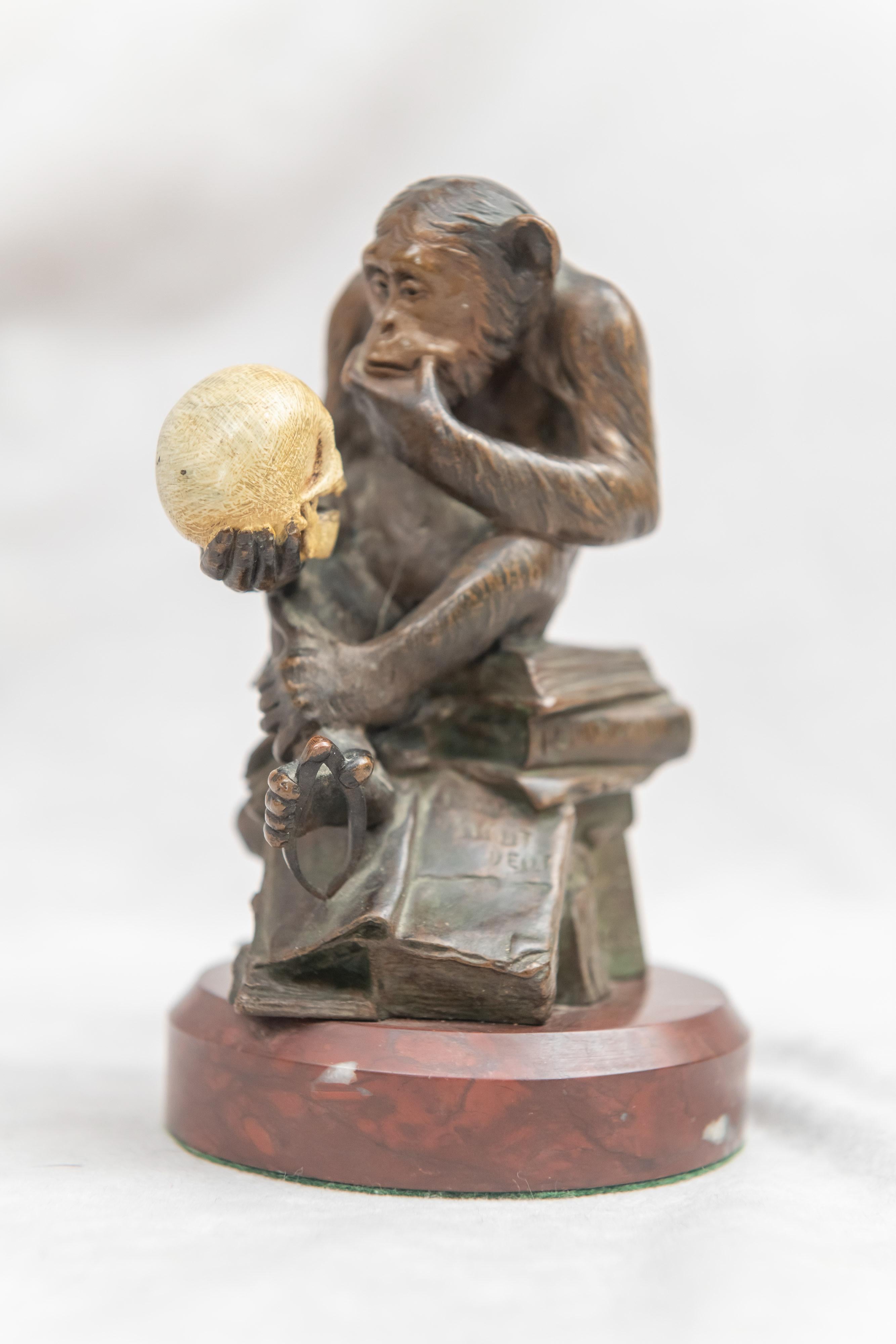20th Century Bronze Monkey Holding a Human Skull and a Caliper
