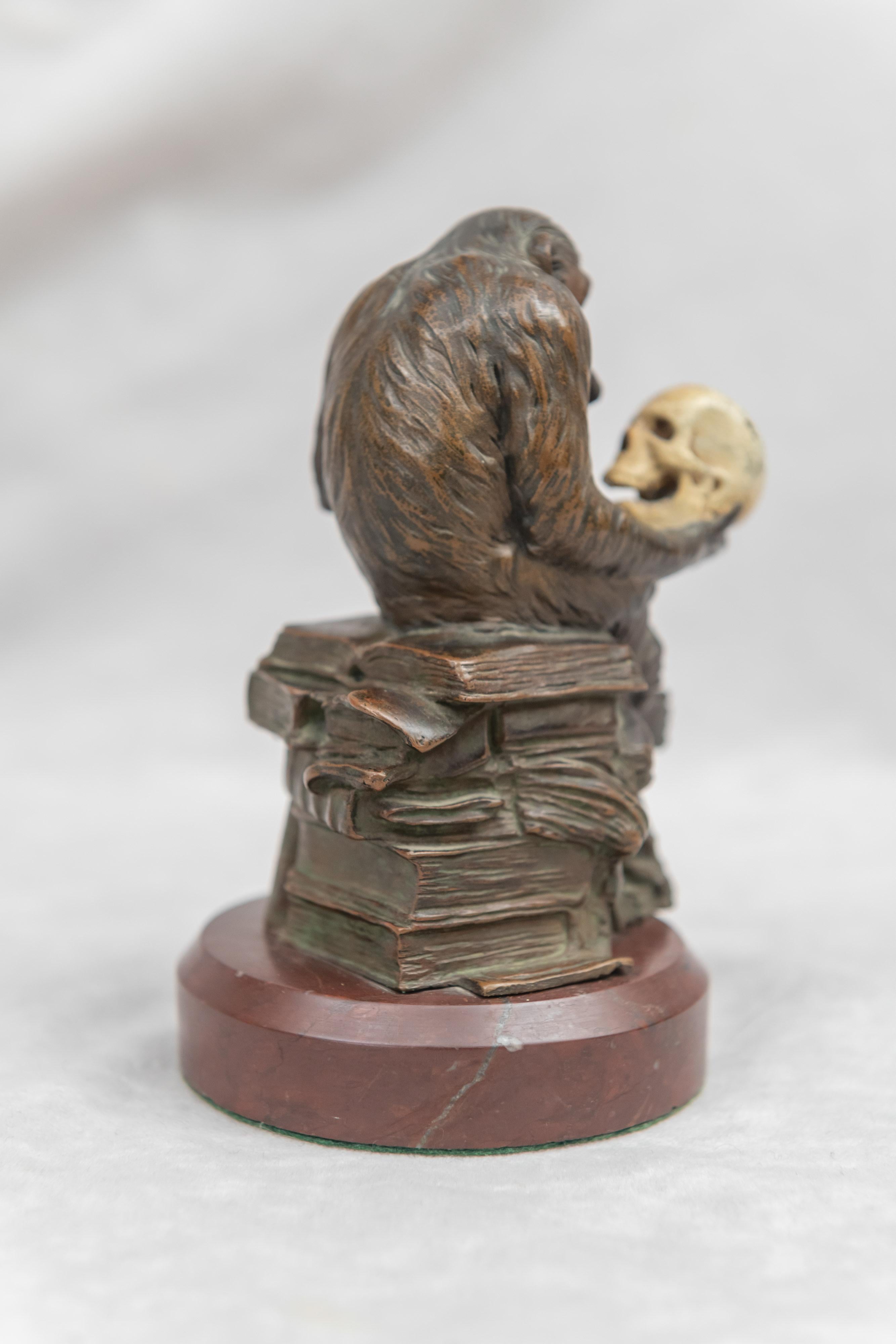 Beaux Arts Bronze Monkey Holding a Human Skull and a Caliper