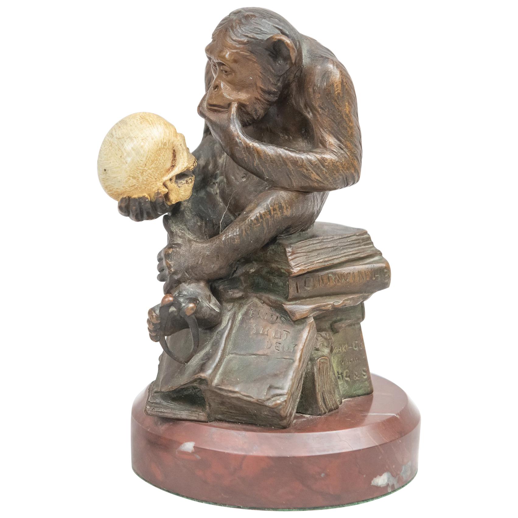 Bronze Monkey Holding a Human Skull and a Caliper