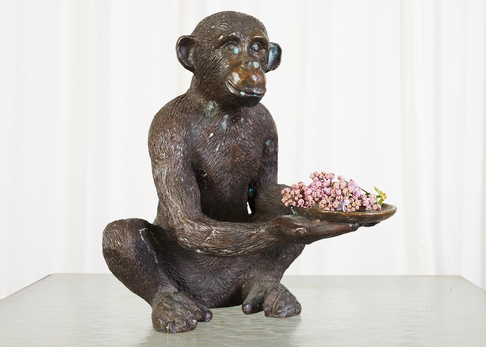 Hollywood Regency Bronze Monkey Sculpture with Dish