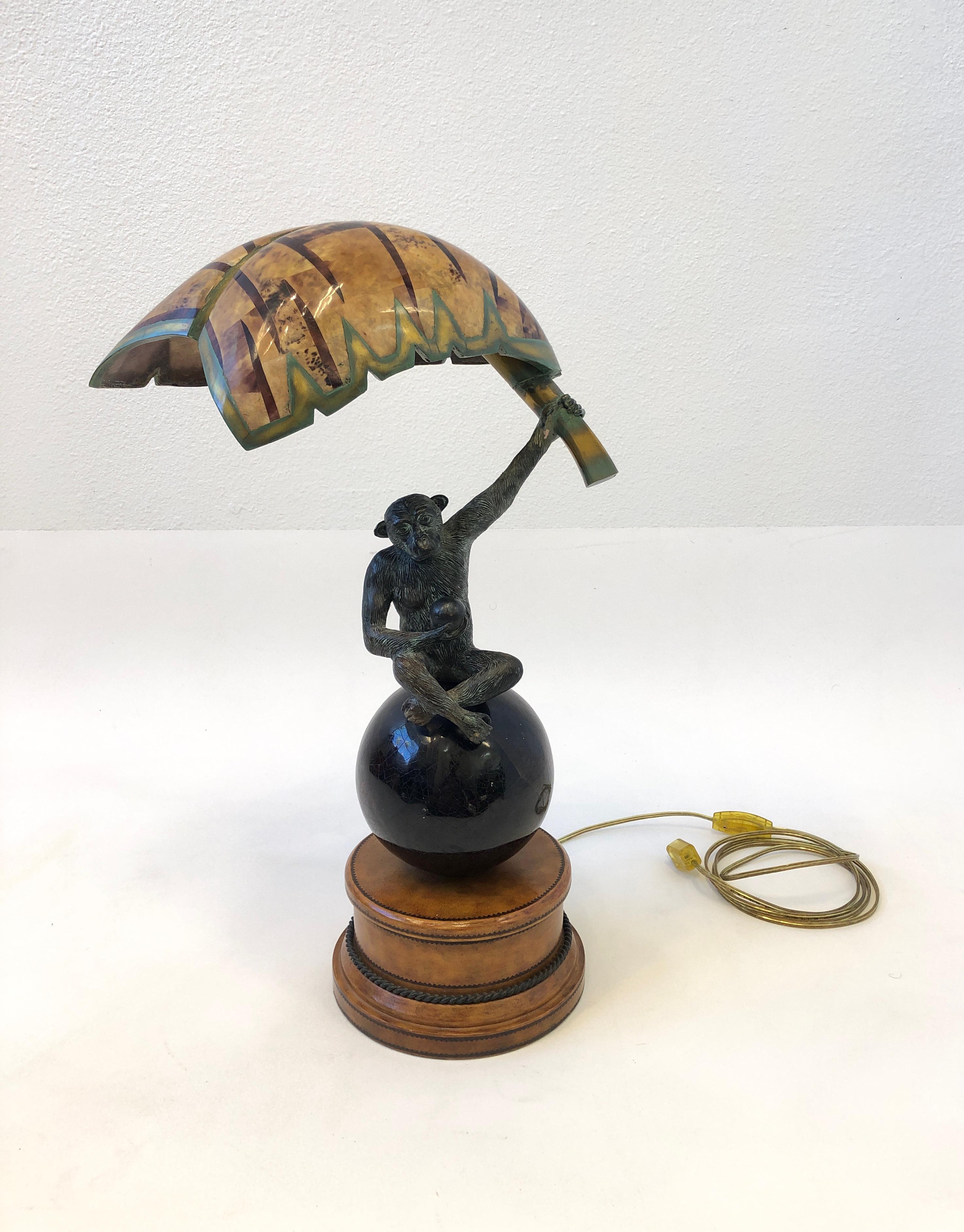 Hollywood Regency Bronze Monkey with Banana Leaf Table Lamp by Maitland Smith