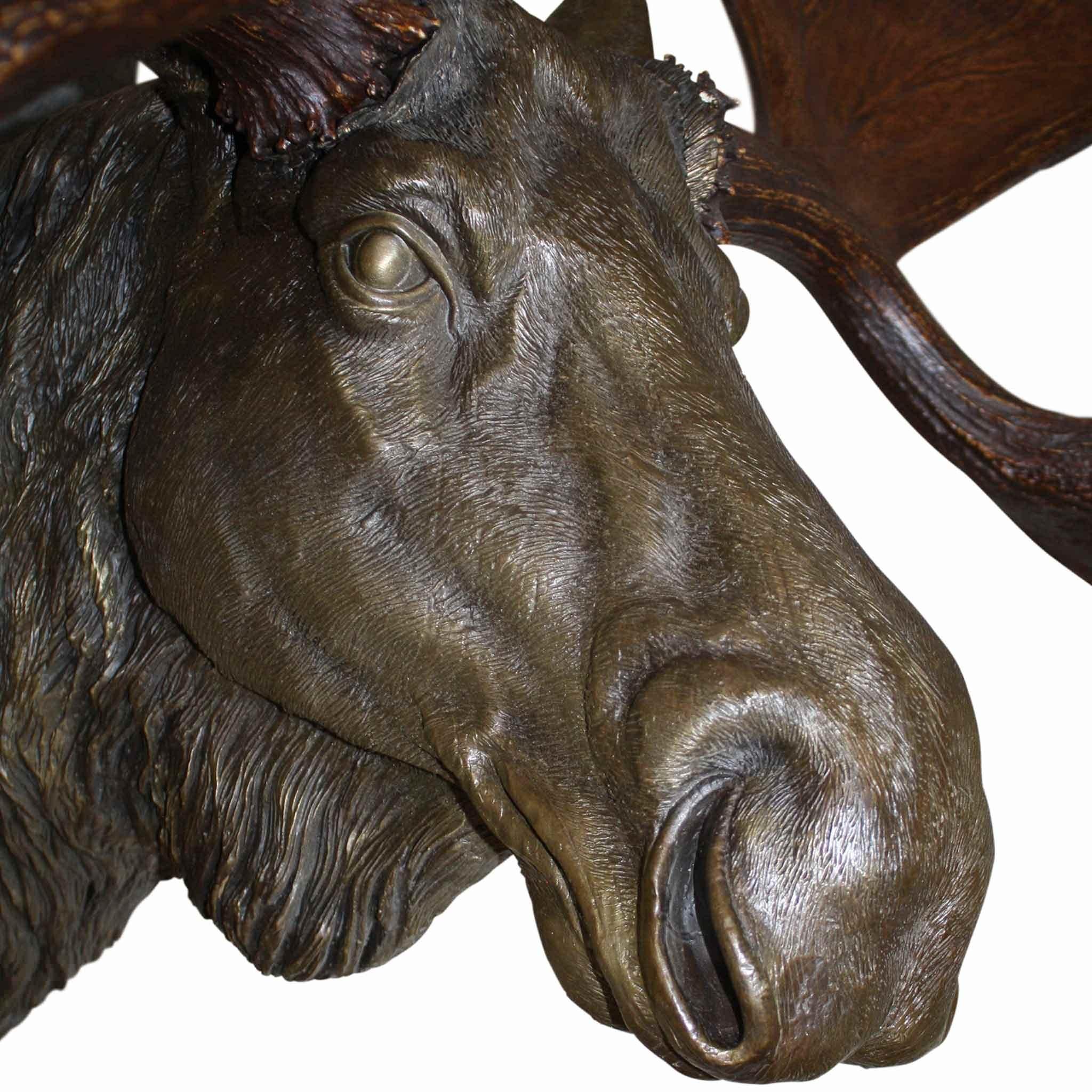 North American Bronze Moose with Antlers on Walnut Wall-Mount Plaque