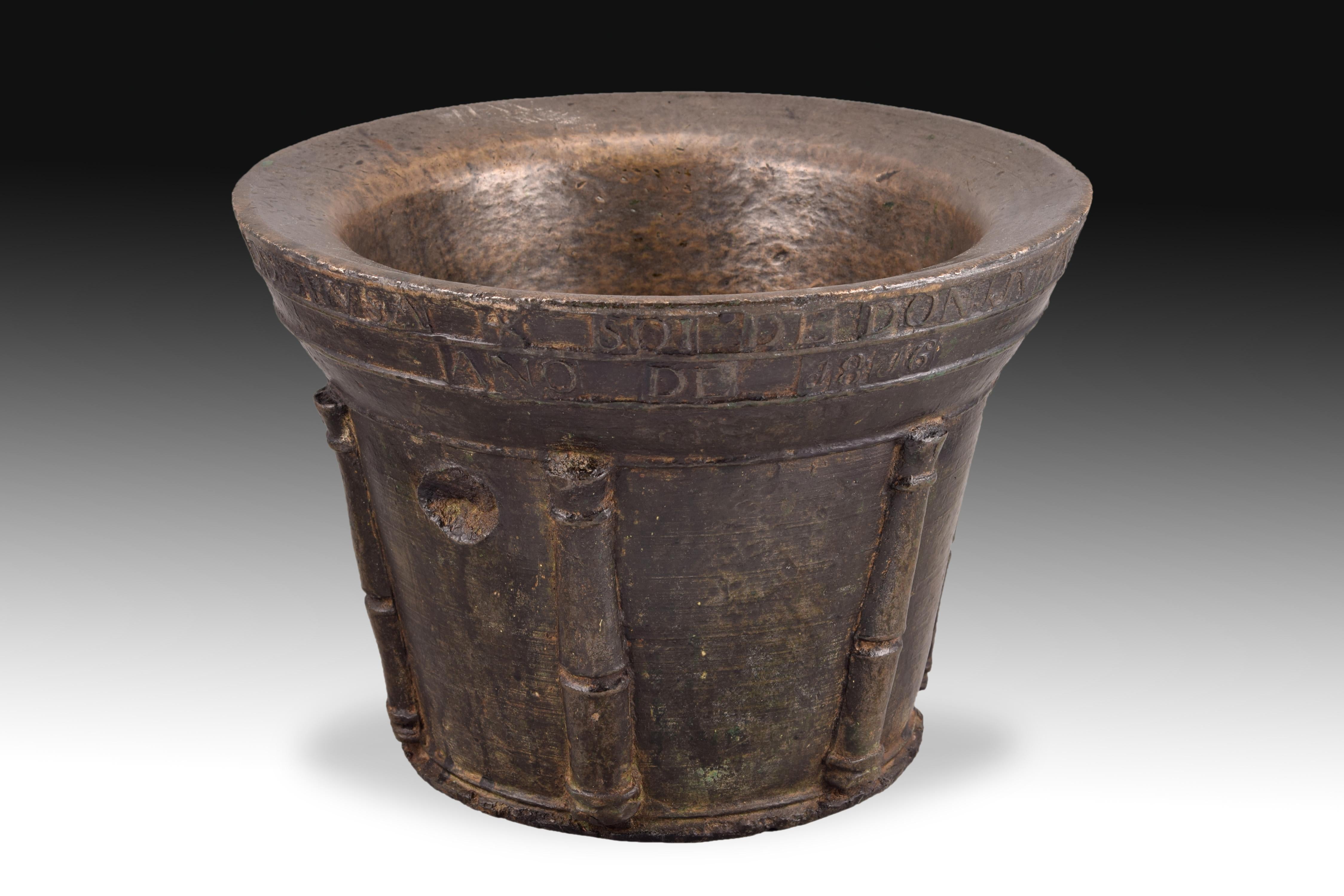 Neoclassical Revival Bronze Mortar with Inscription, Spain, 1816 For Sale