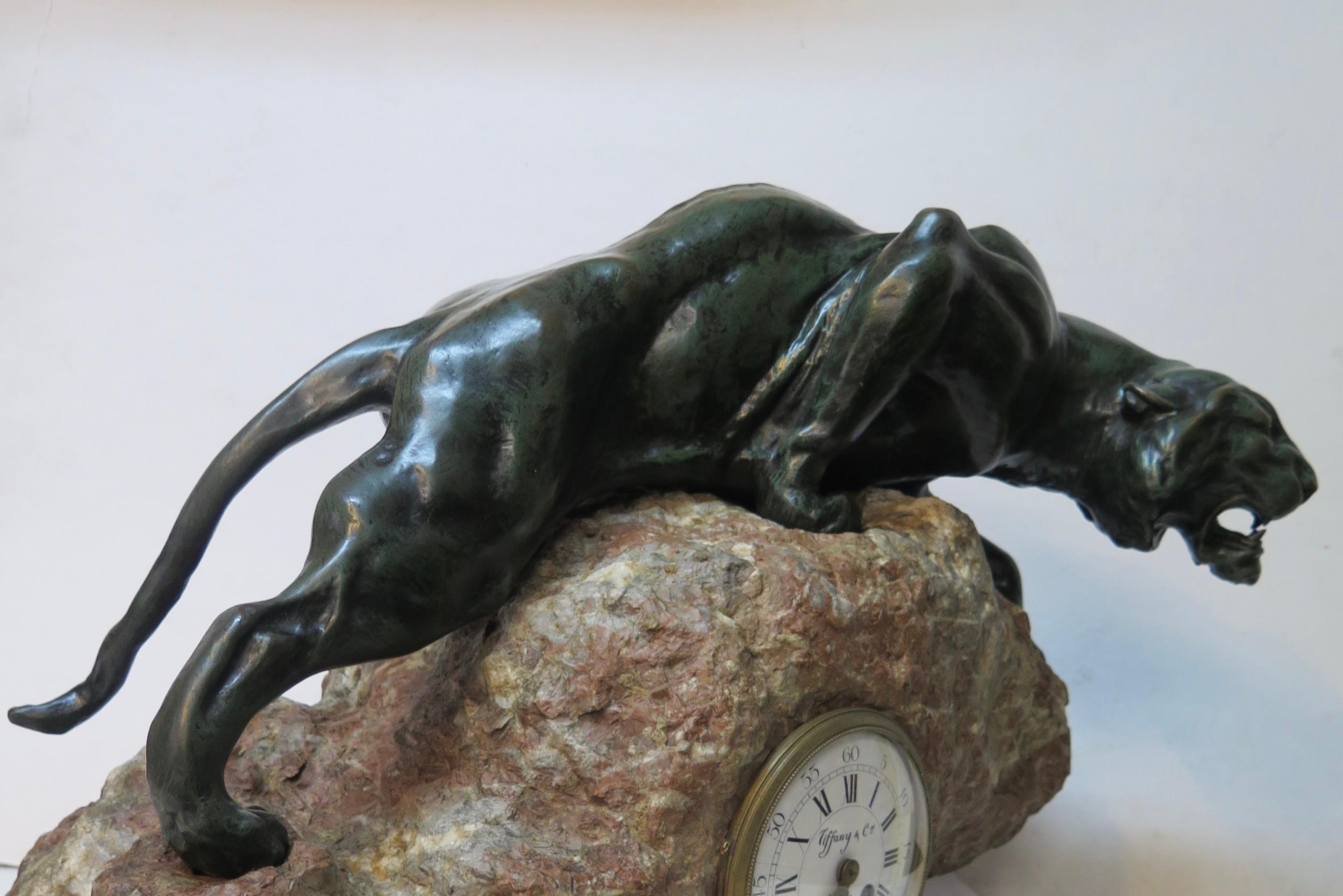 Art Nouveau Bronze Mountain Lion with Tiffany & Co. Clock For Sale