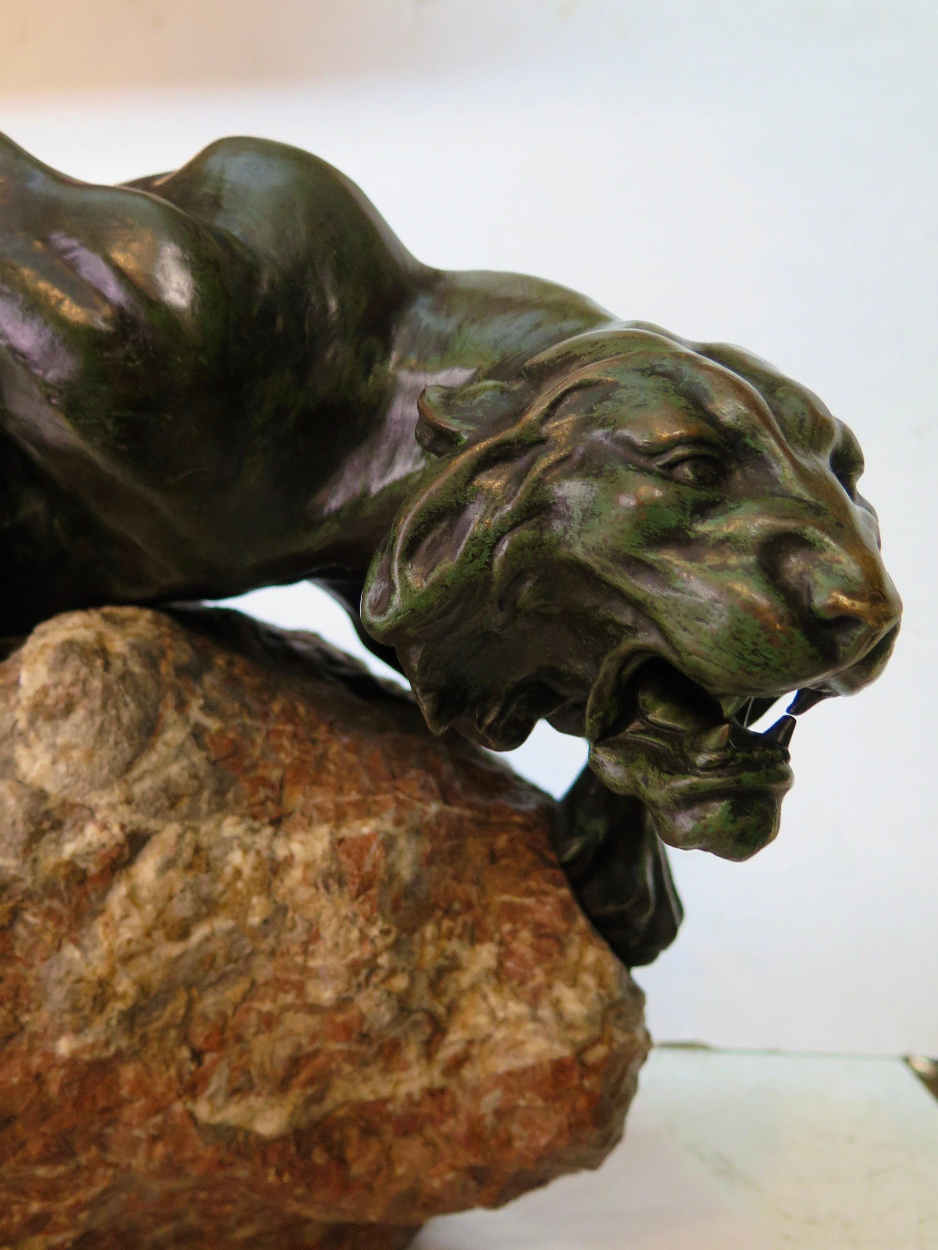 Patinated Bronze Mountain Lion with Tiffany & Co. Clock For Sale
