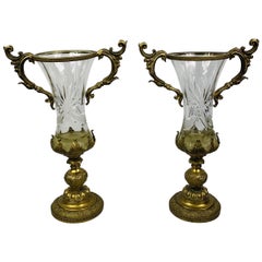 Bronze Mounted and Cut Glass Twin Handle Vase or Urn, a Pair 