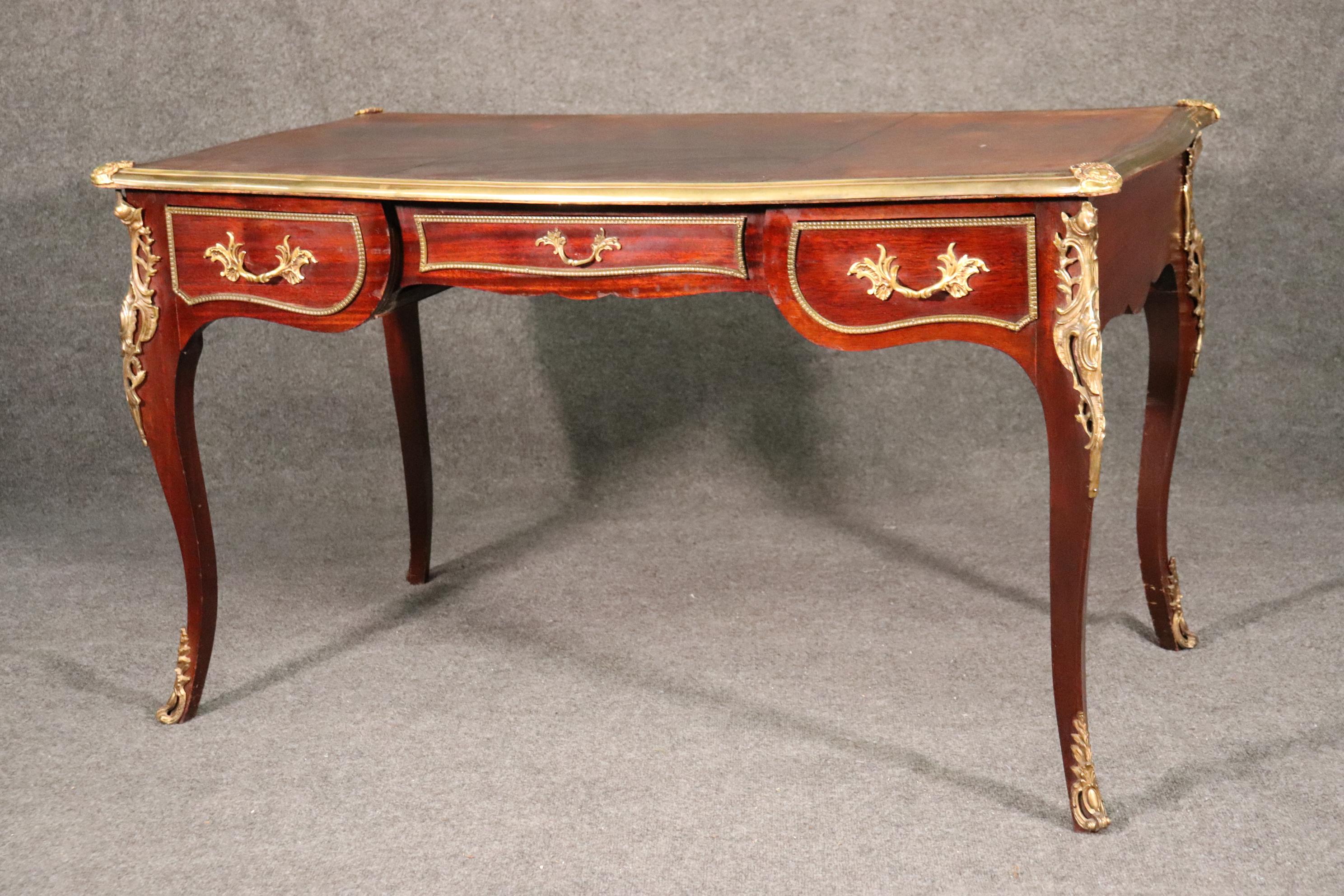 Early 20th Century Bronze Mounted Antique French Louis XV Leather Top Bureau Plat Writing Desk
