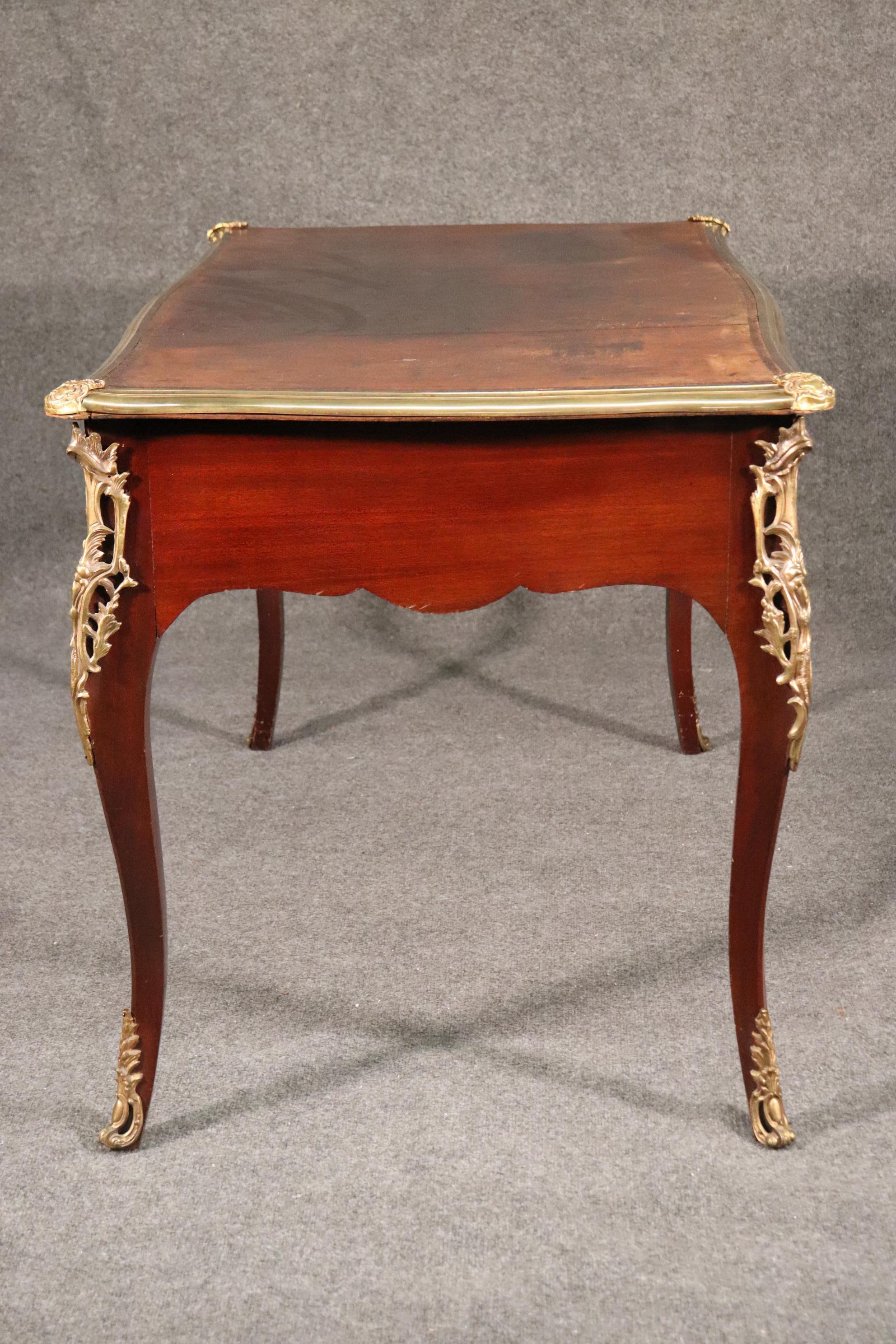 Walnut Bronze Mounted Antique French Louis XV Leather Top Bureau Plat Writing Desk