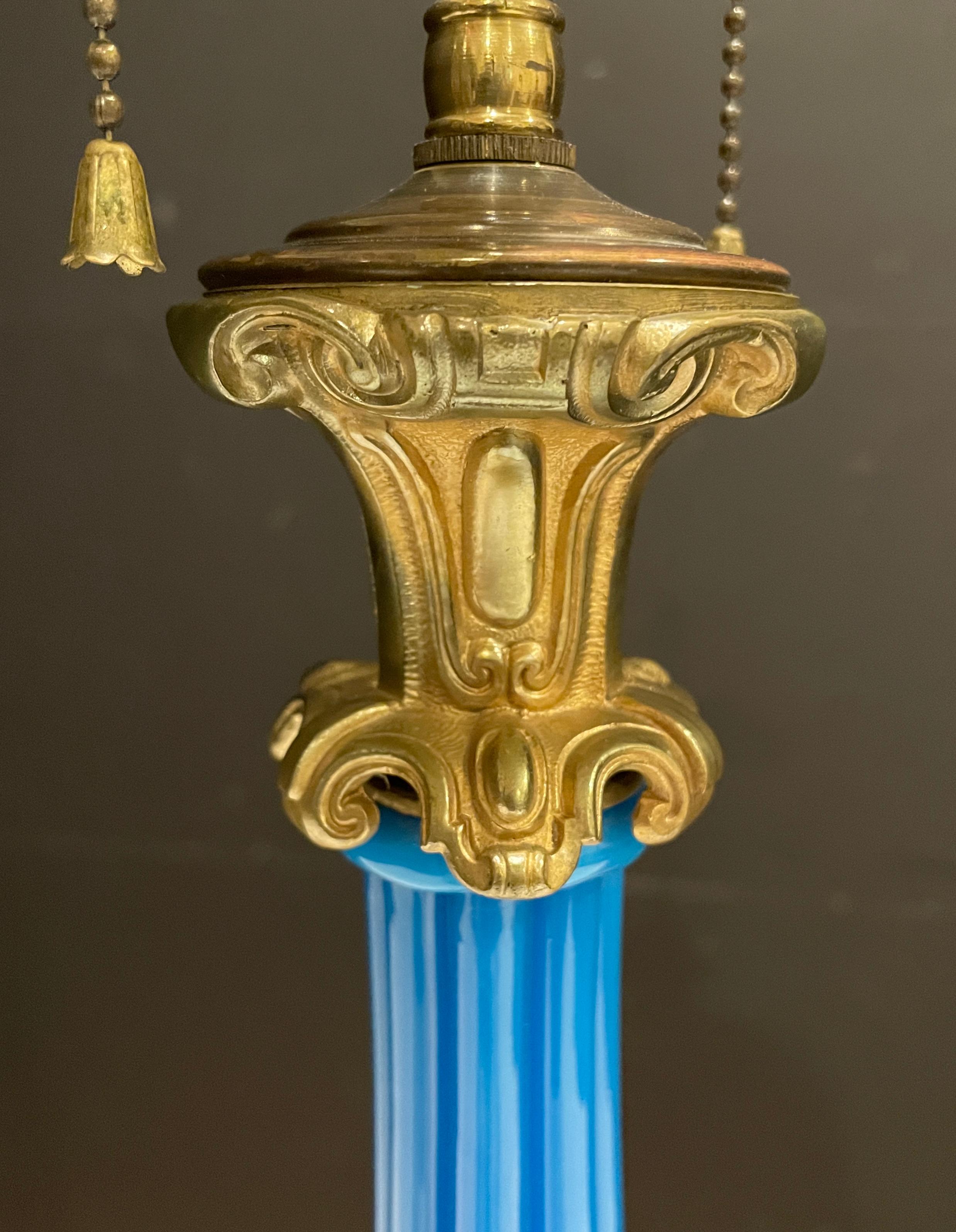 Victorian French Bronze Mounted Blue Opaline Glass Lamp For Sale