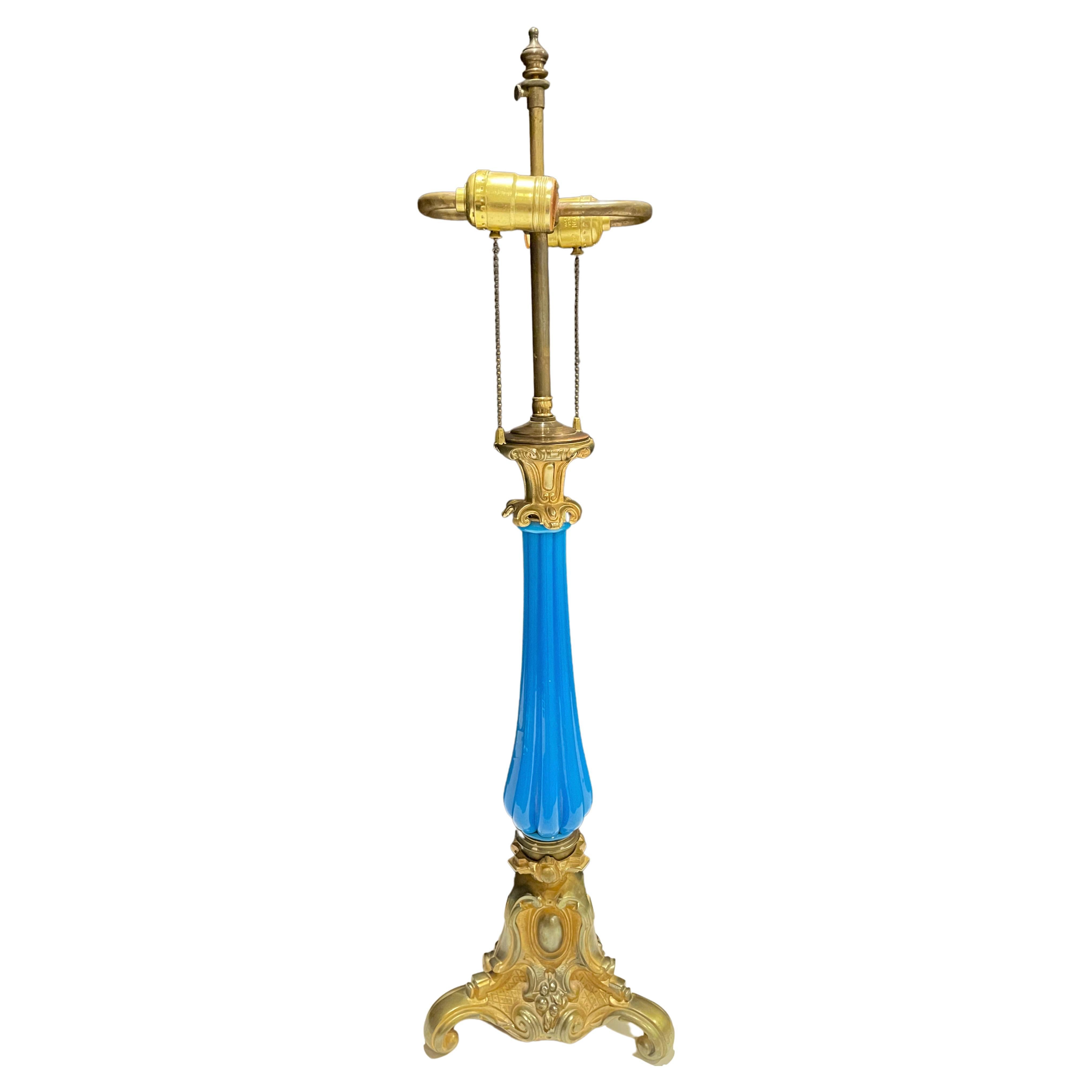 French Bronze Mounted Blue Opaline Glass Lamp For Sale