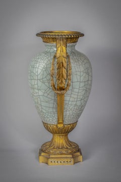 Bronze Mounted Chinese Porcelain Crackled Celadon Two-Handled Vase, Circa 1860