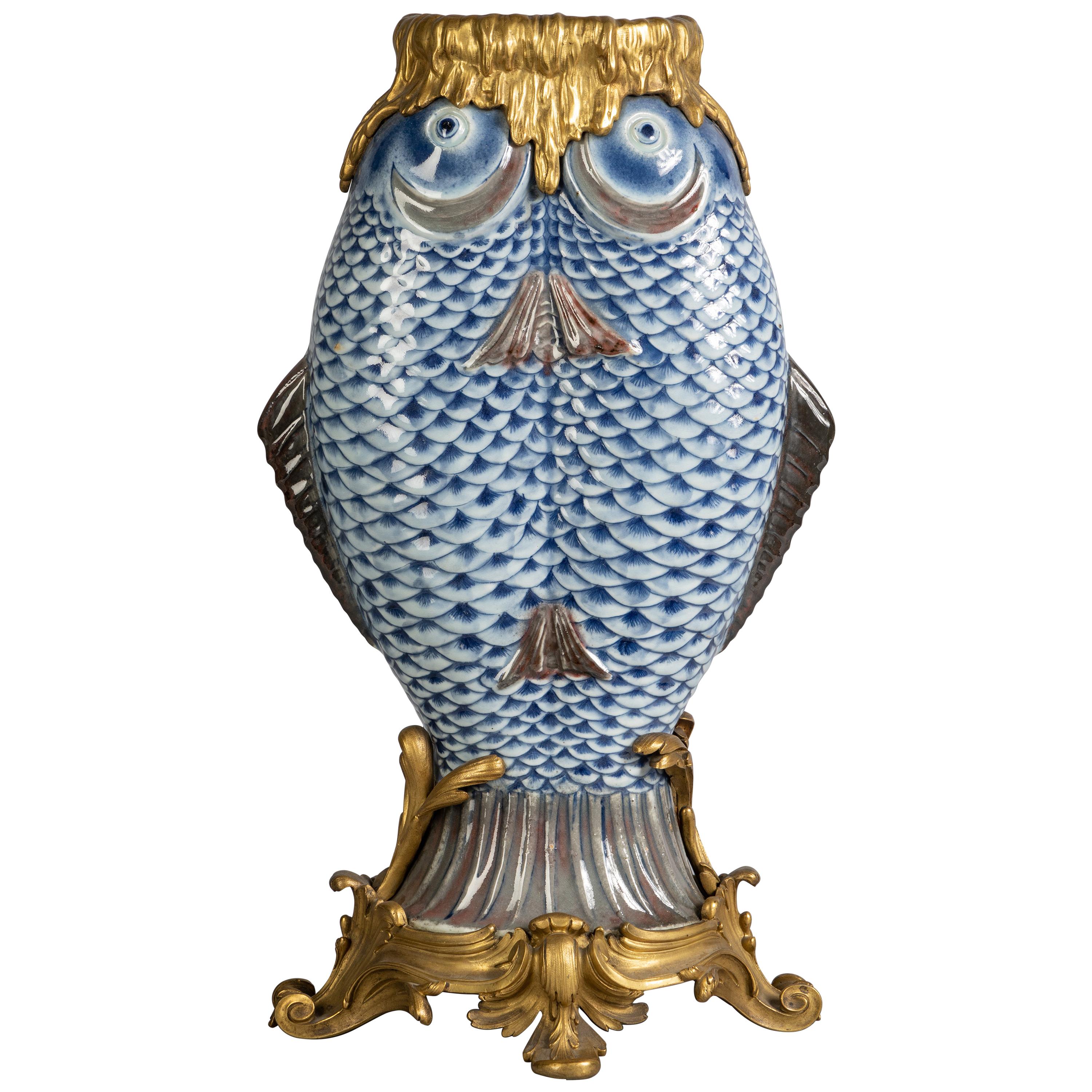 Bronze Mounted Chinese Porcelain "Double-Fish" Vase, circa 1840 For Sale