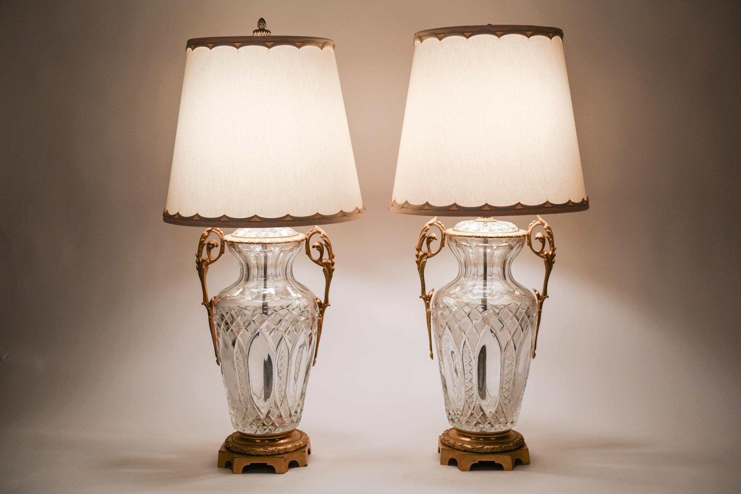 English Bronze-Mounted Cut Crystal Pair Early 19th Century Lamps