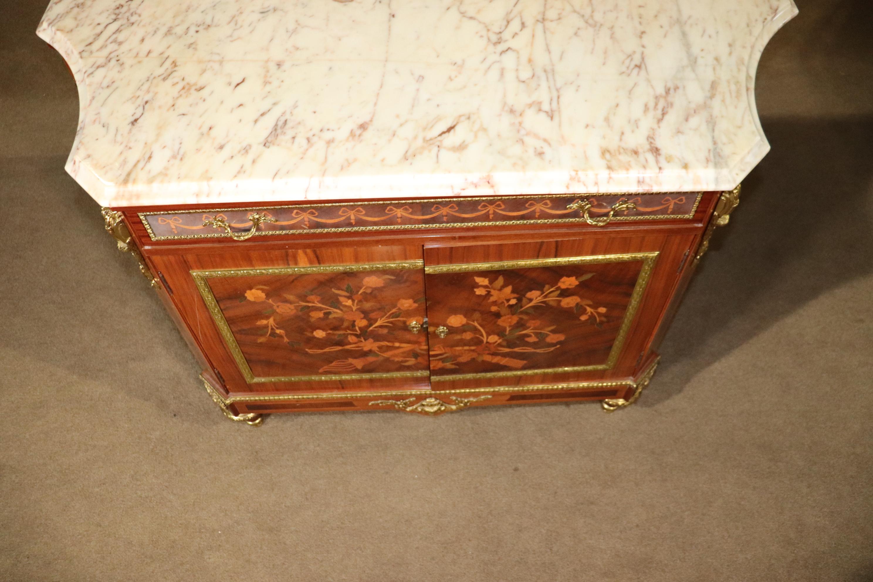 Mid-20th Century Bronze Mounted Floral Spray Inlaid Marble Top Louis XVI Buffet Server circa 1960