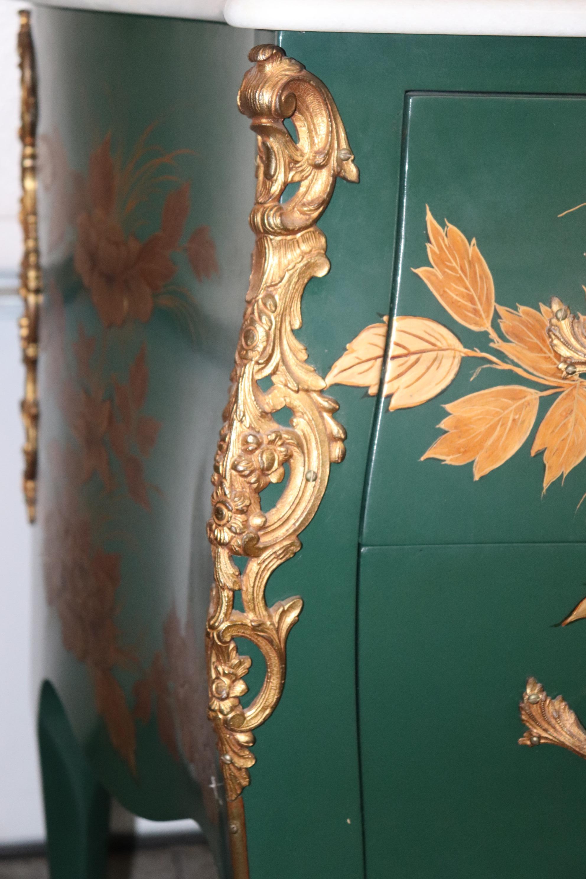 Bronze Mounted French Louis XV Style Green Chinoiserie Floral Painted Commode 6