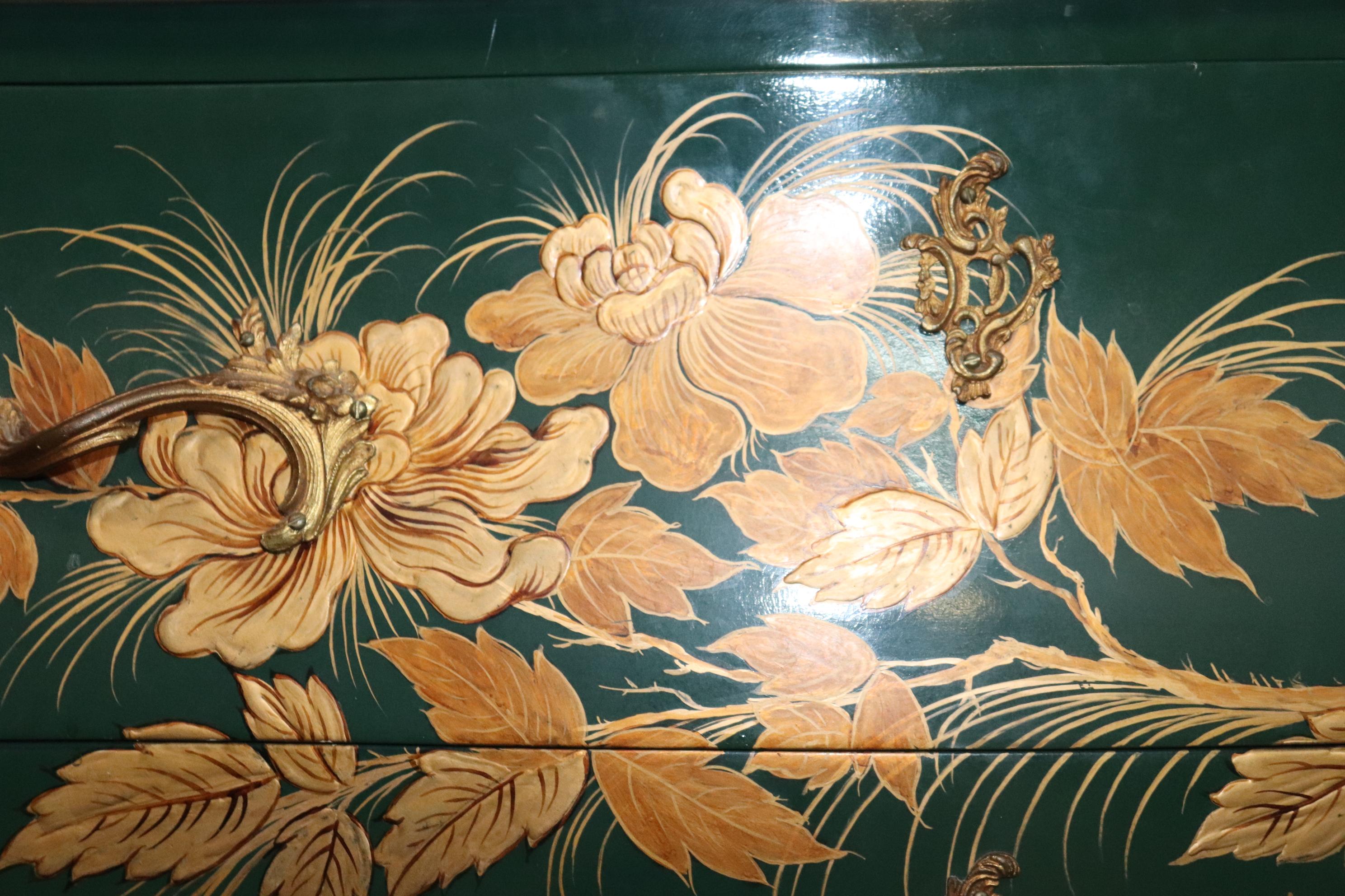 Bronze Mounted French Louis XV Style Green Chinoiserie Floral Painted Commode 10