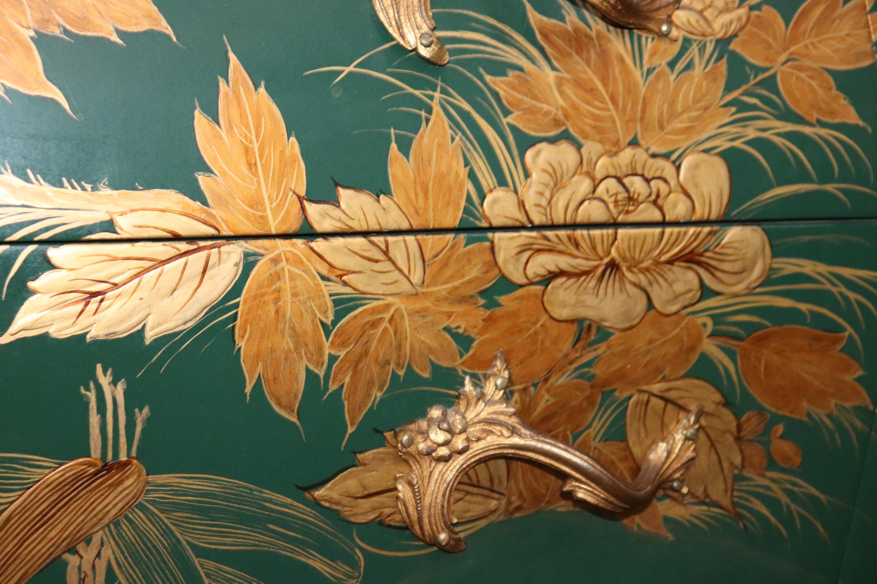 Bronze Mounted French Louis XV Style Green Chinoiserie Floral Painted Commode 11
