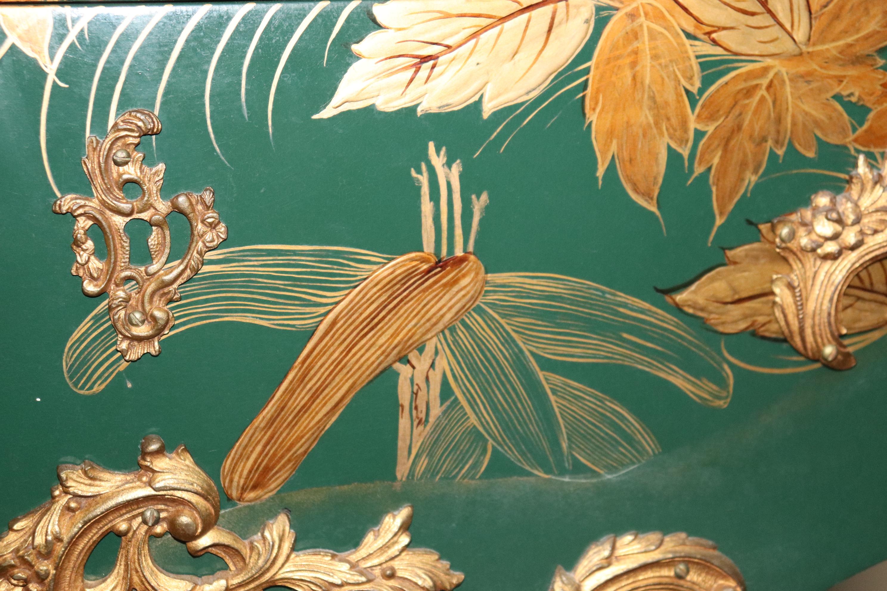 Bronze Mounted French Louis XV Style Green Chinoiserie Floral Painted Commode 12