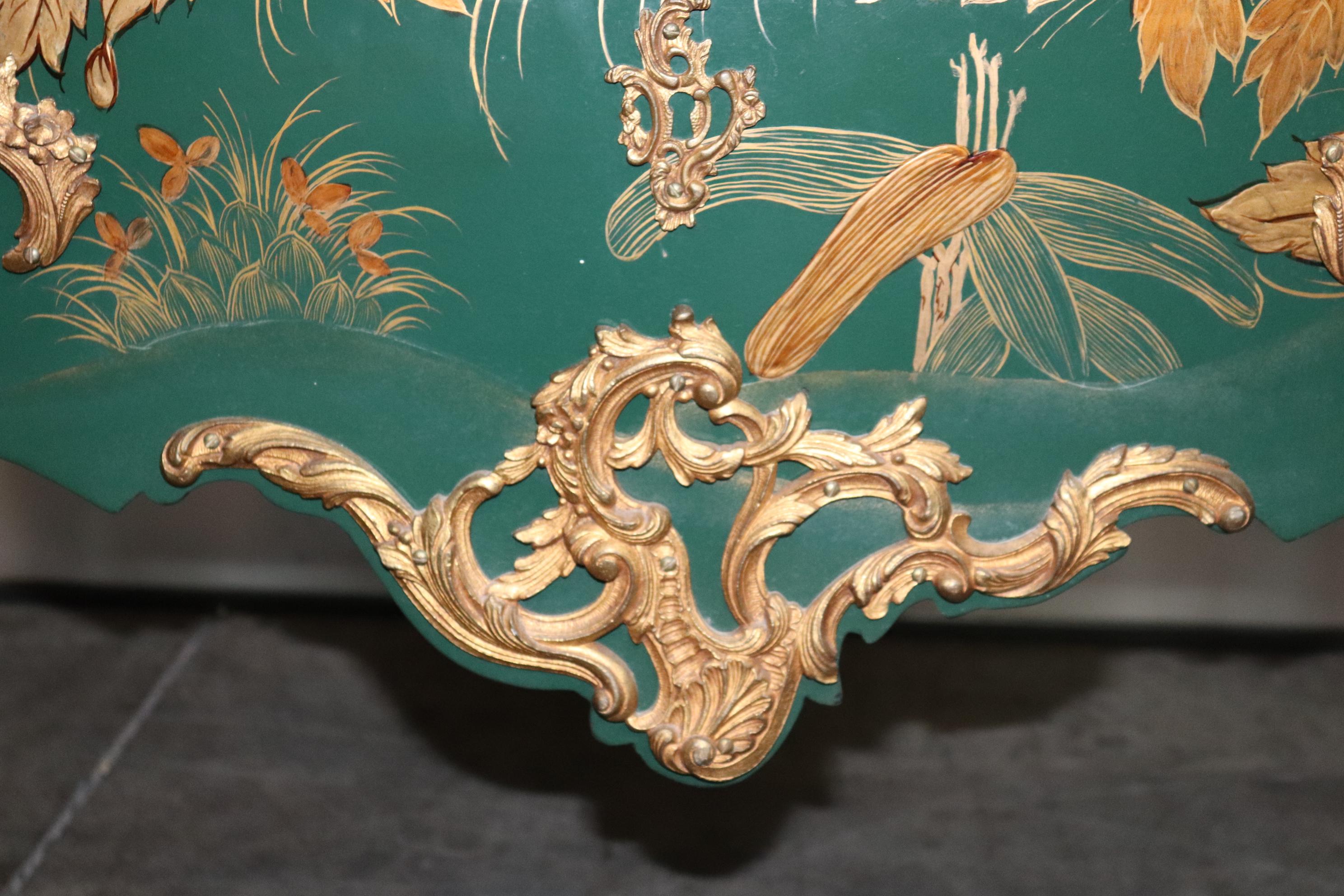 Bronze Mounted French Louis XV Style Green Chinoiserie Floral Painted Commode 13