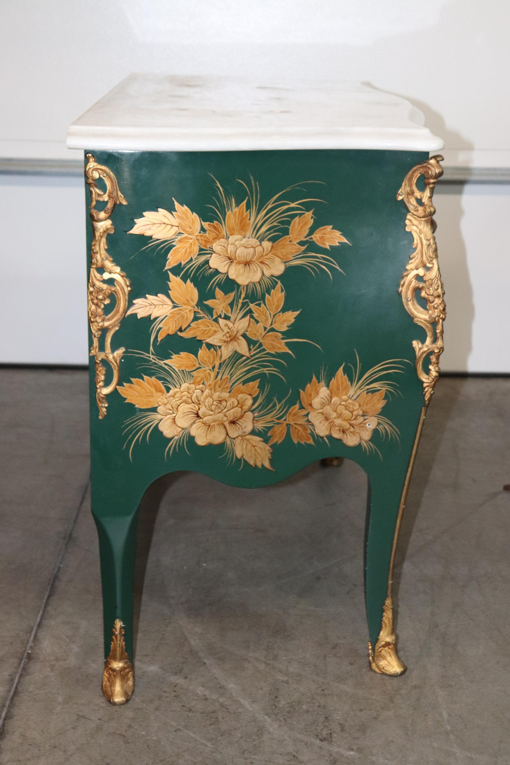 Mid-20th Century Bronze Mounted French Louis XV Style Green Chinoiserie Floral Painted Commode