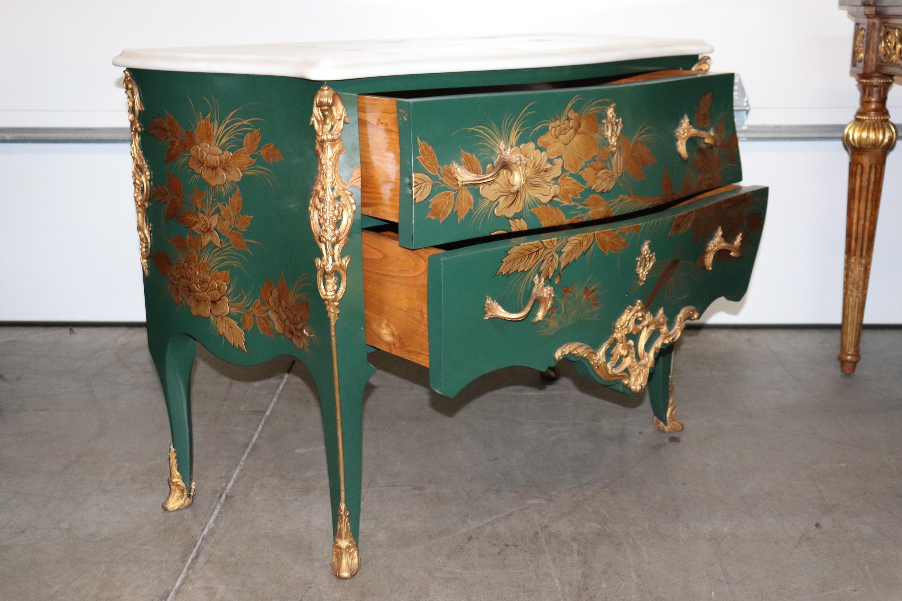 Bronze Mounted French Louis XV Style Green Chinoiserie Floral Painted Commode 1