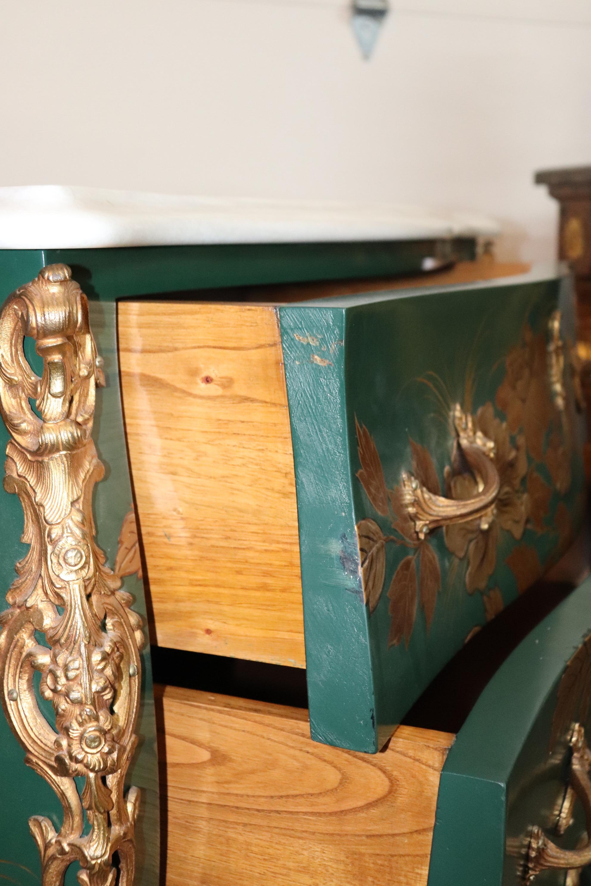 Bronze Mounted French Louis XV Style Green Chinoiserie Floral Painted Commode 2