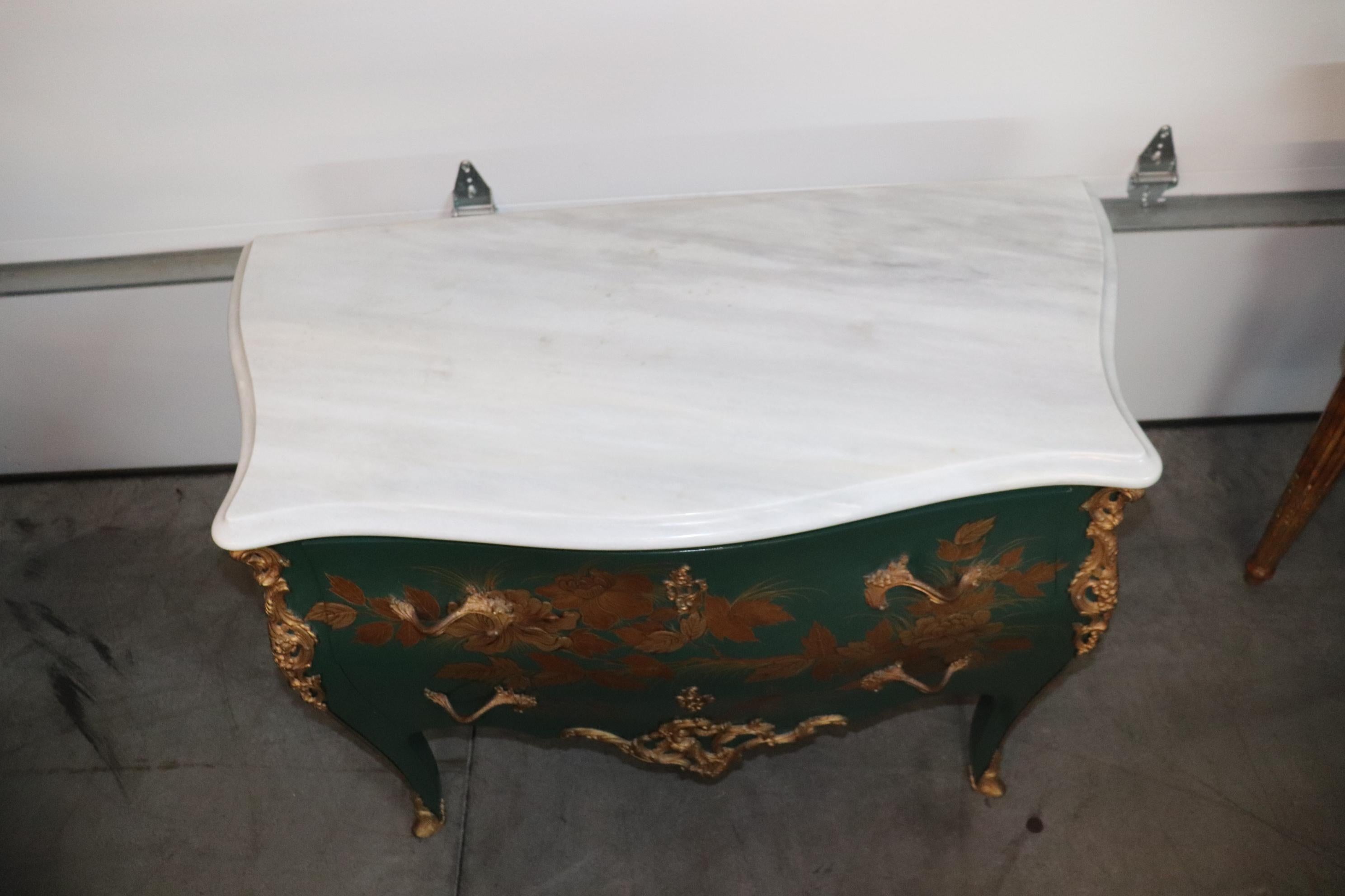 Bronze Mounted French Louis XV Style Green Chinoiserie Floral Painted Commode 3