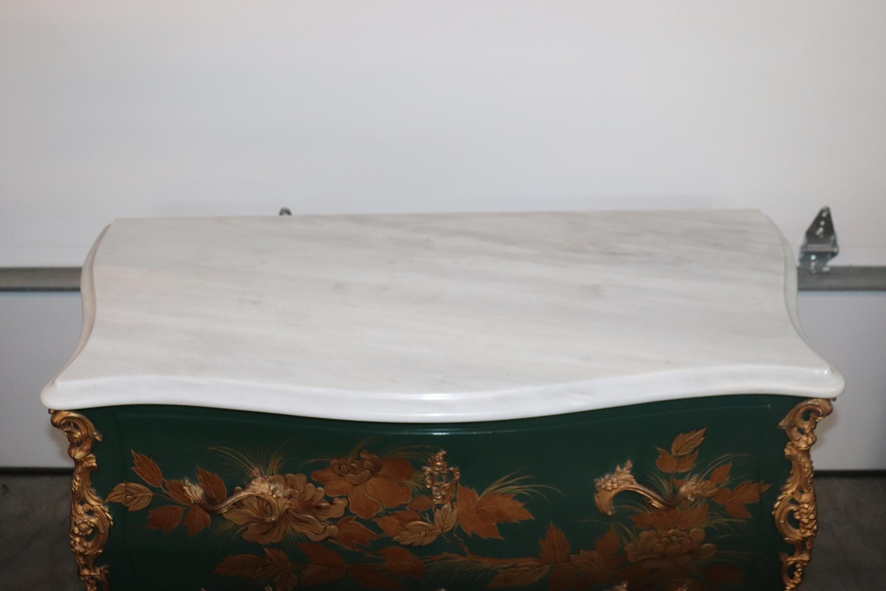 Bronze Mounted French Louis XV Style Green Chinoiserie Floral Painted Commode 4