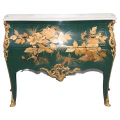 Bronze Mounted French Louis XV Style Green Chinoiserie Floral Painted Commode