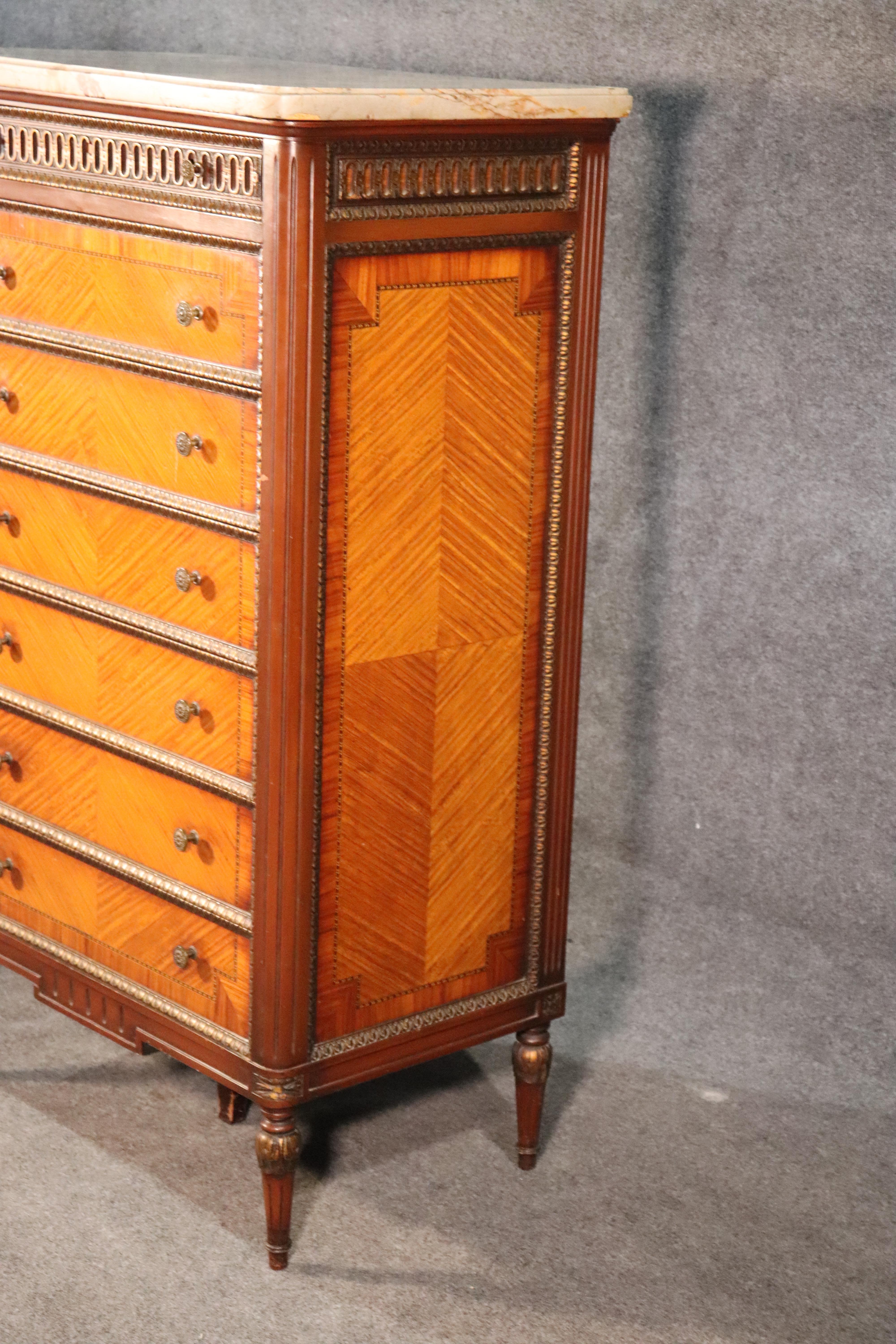 Bronze Mounted French Louis XVI Satinwood and Walnut Marble-Top Dresser In Good Condition In Swedesboro, NJ
