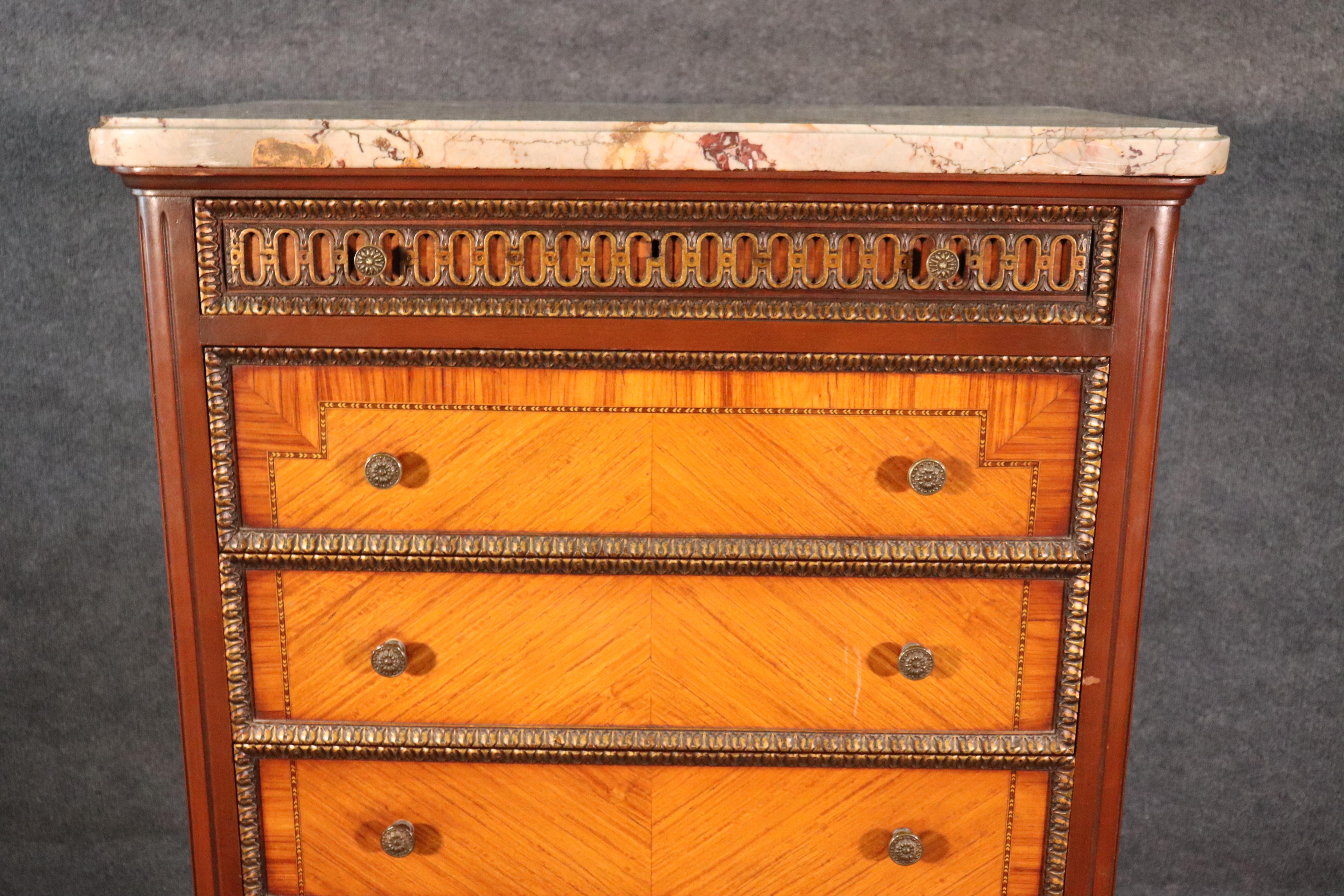 Early 20th Century Bronze Mounted French Louis XVI Satinwood and Walnut Marble-Top Dresser