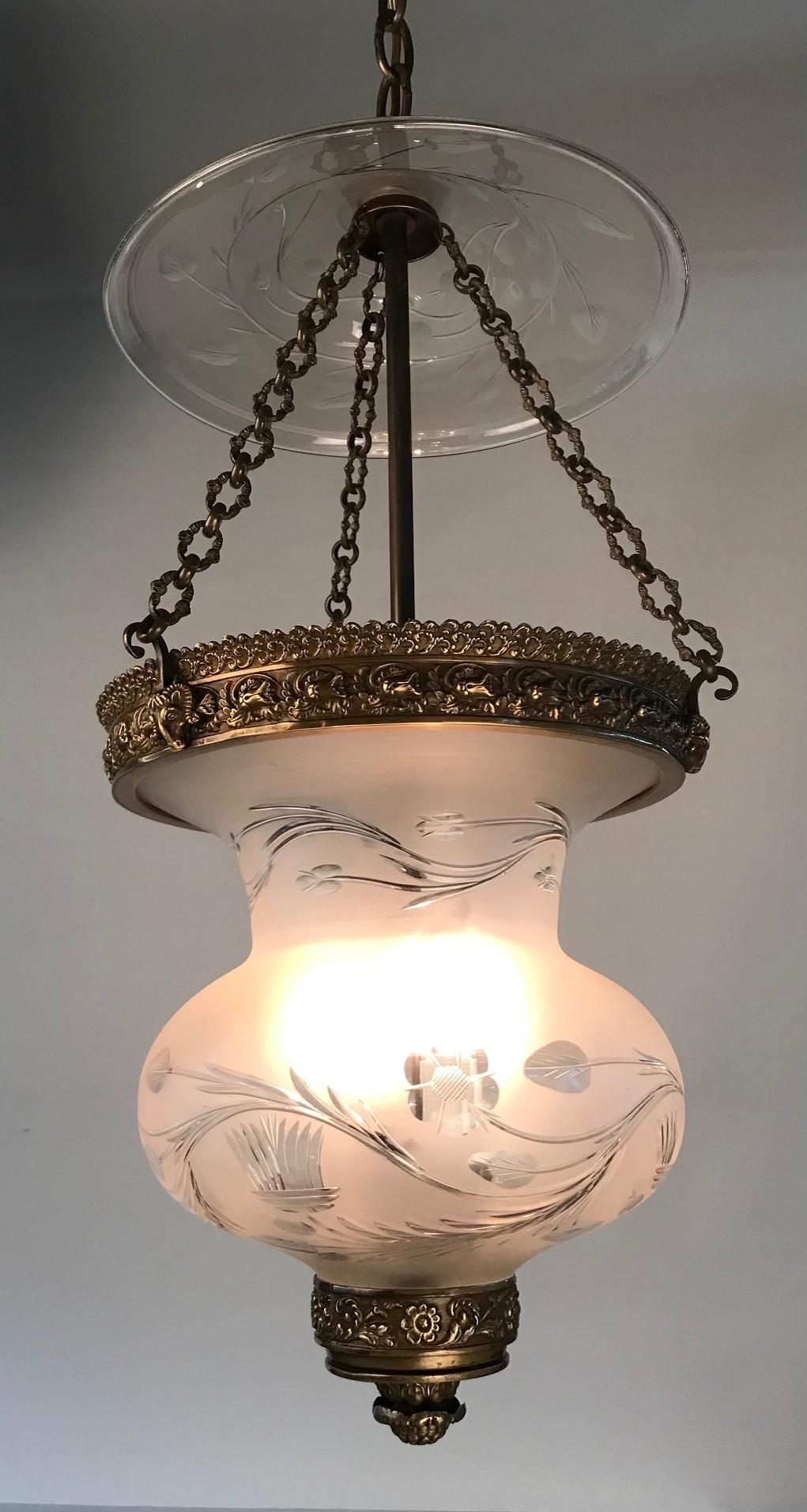 English Bronze Mounted, Frosted  and Hand Cut Bell Jar Lantern  For Sale