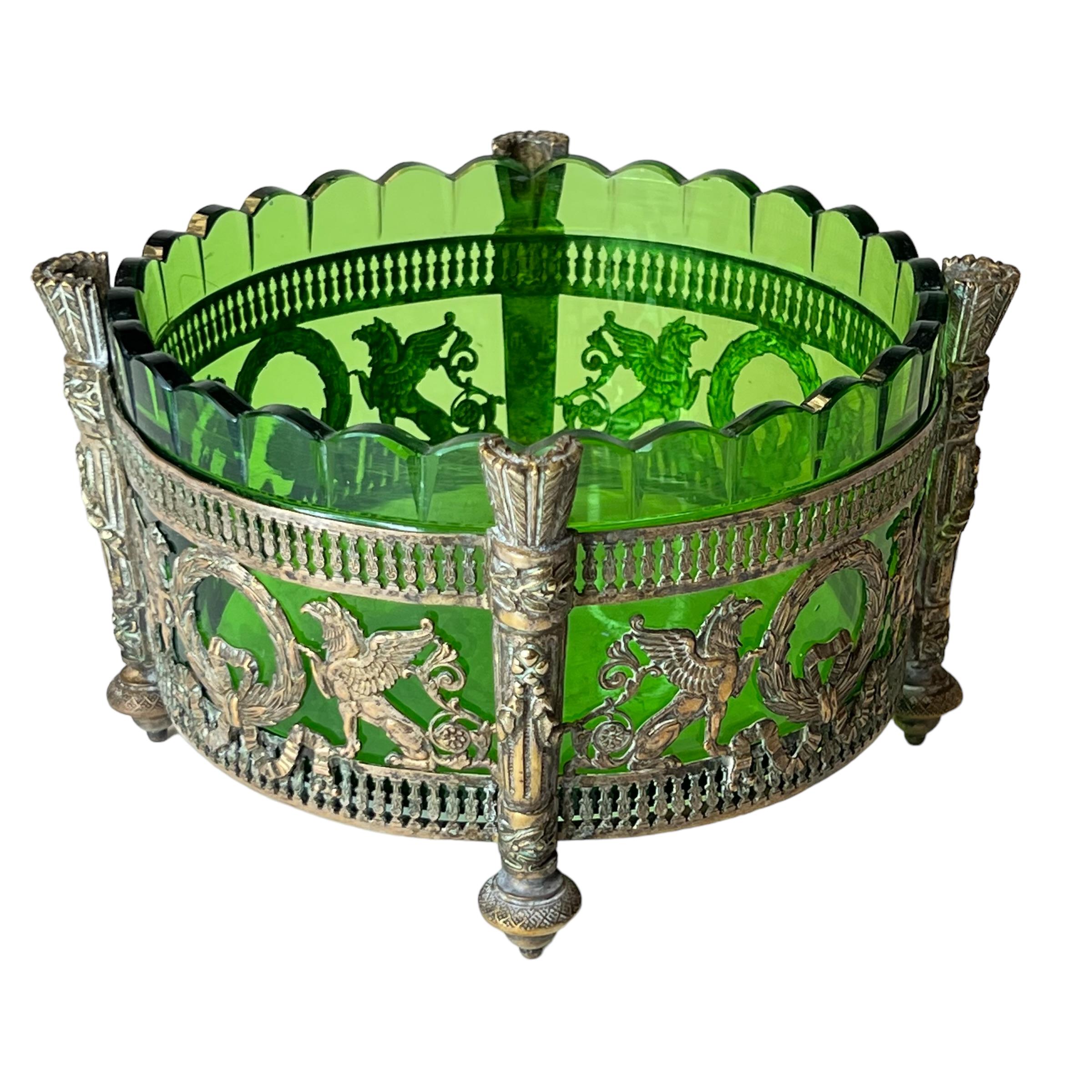 European Bronze Mounted Green Glass Bowl in French Empire Style